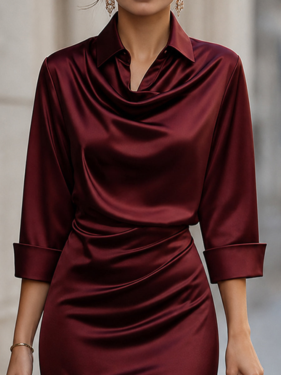 Satin Collared Ruched Bodycon Midi Dress