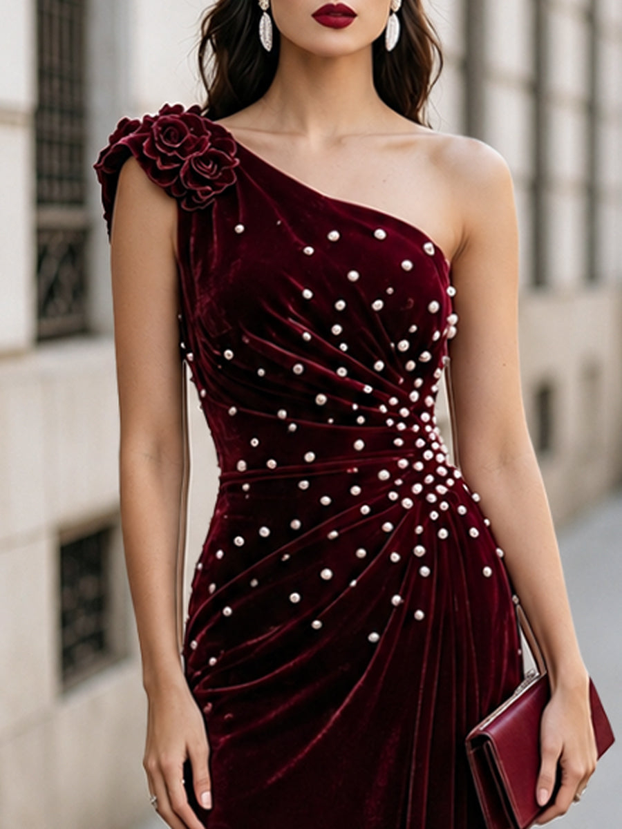 Velvet One-shoulder Pearl-embellished Evening Gown