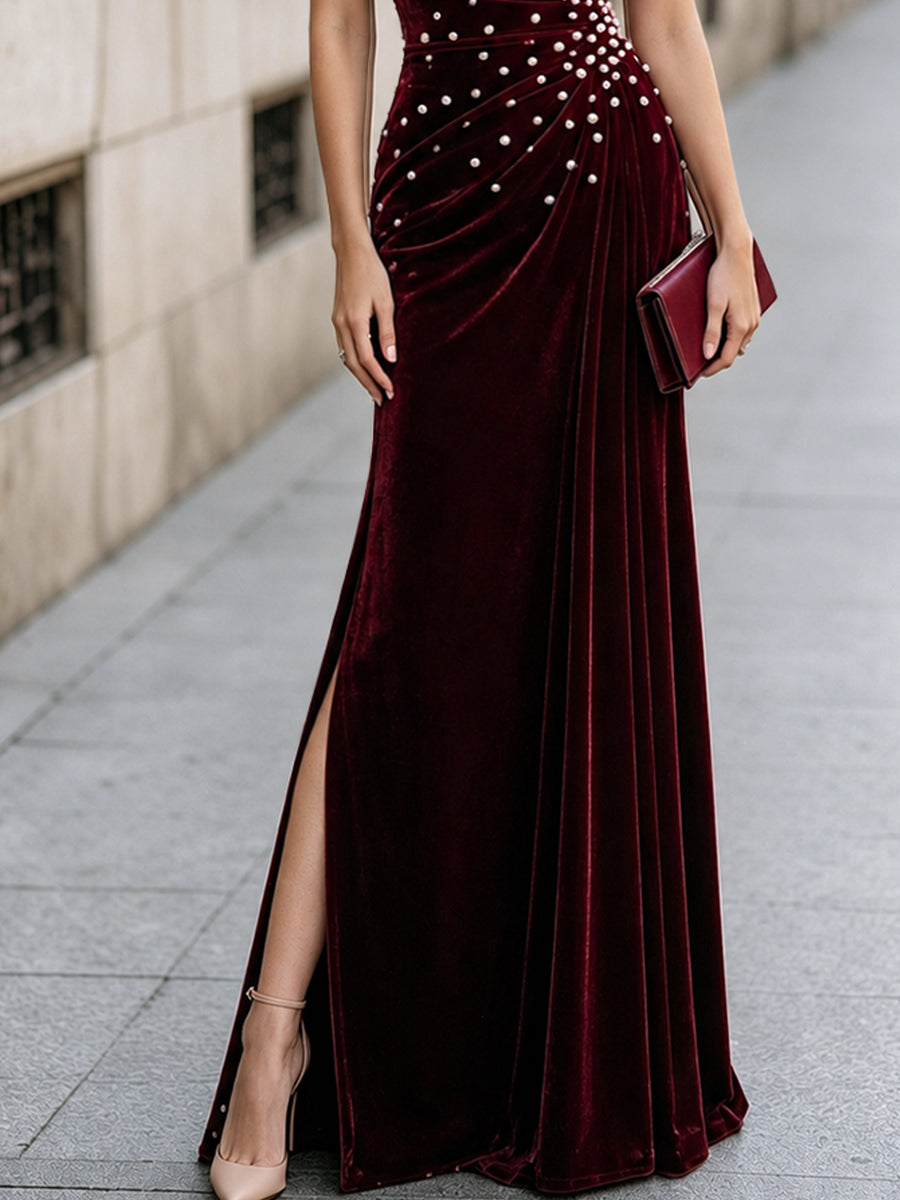 Velvet One-shoulder Pearl-embellished Evening Gown