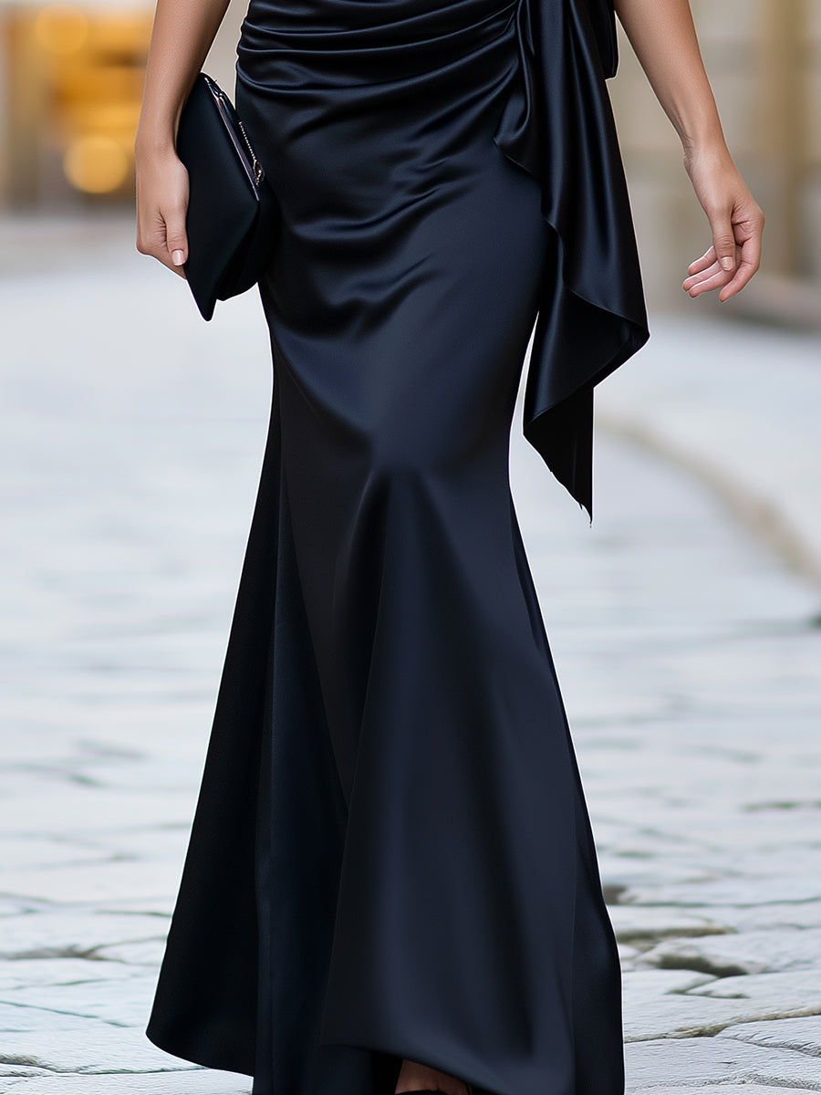 Black Satin Three Quarter Wrap Bow Mermaid Maxi Dress