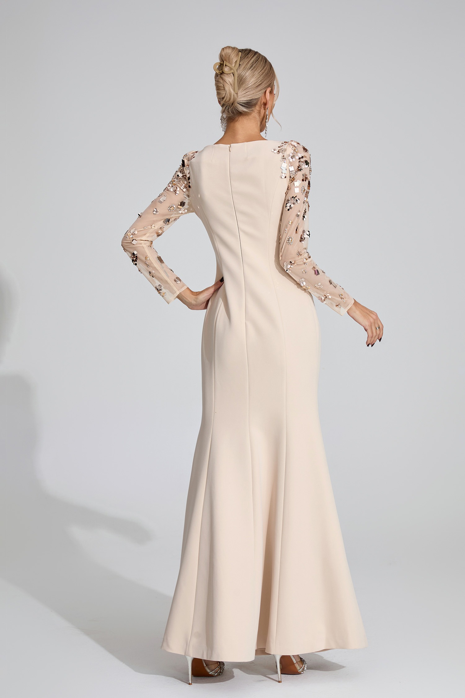Apricot Mermaid Maxi Dress with Sequin Sleeves