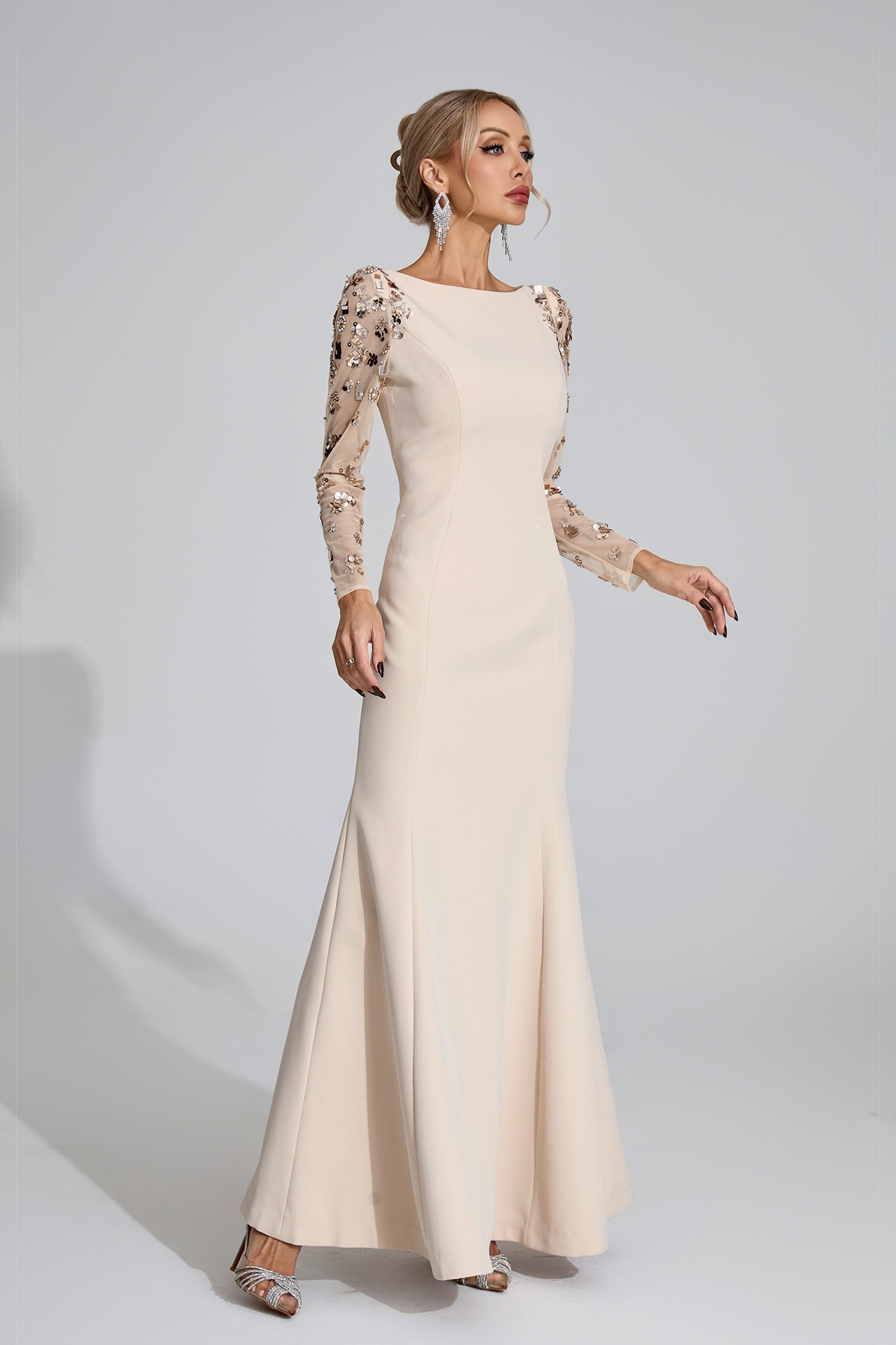 Apricot Mermaid Maxi Dress with Sequin Sleeves