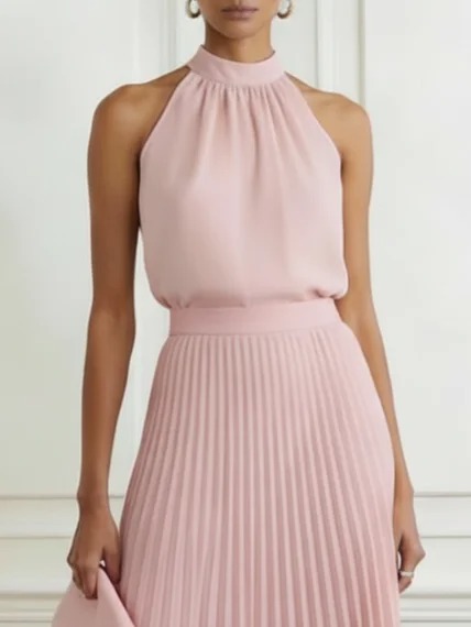 Women Pink Pleated Mock Neck Sleeveless Dressy Top With Skirt Two-Piece Set