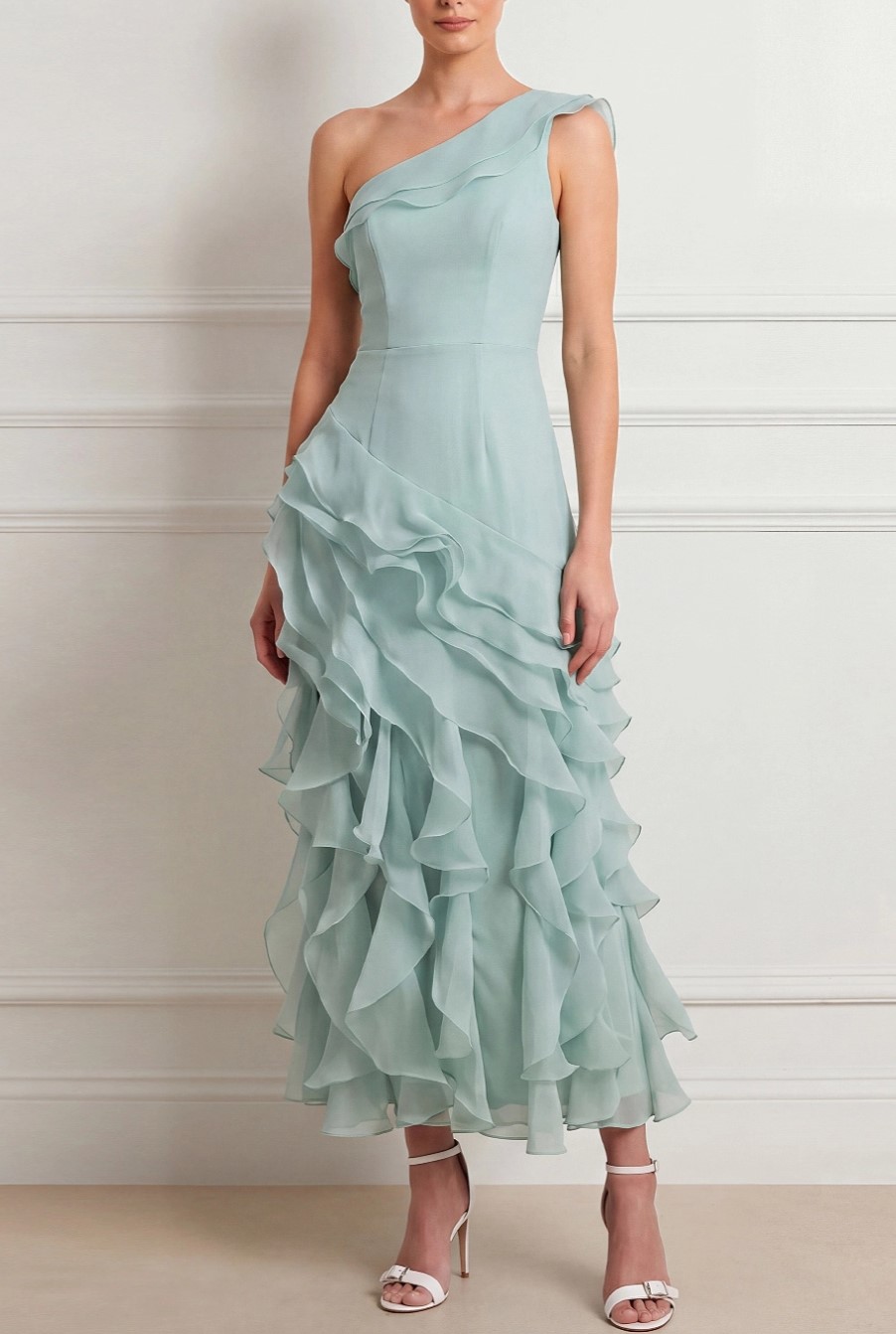 Lake Blue One Shoulder A-Line with Ruffle Maxi Dress