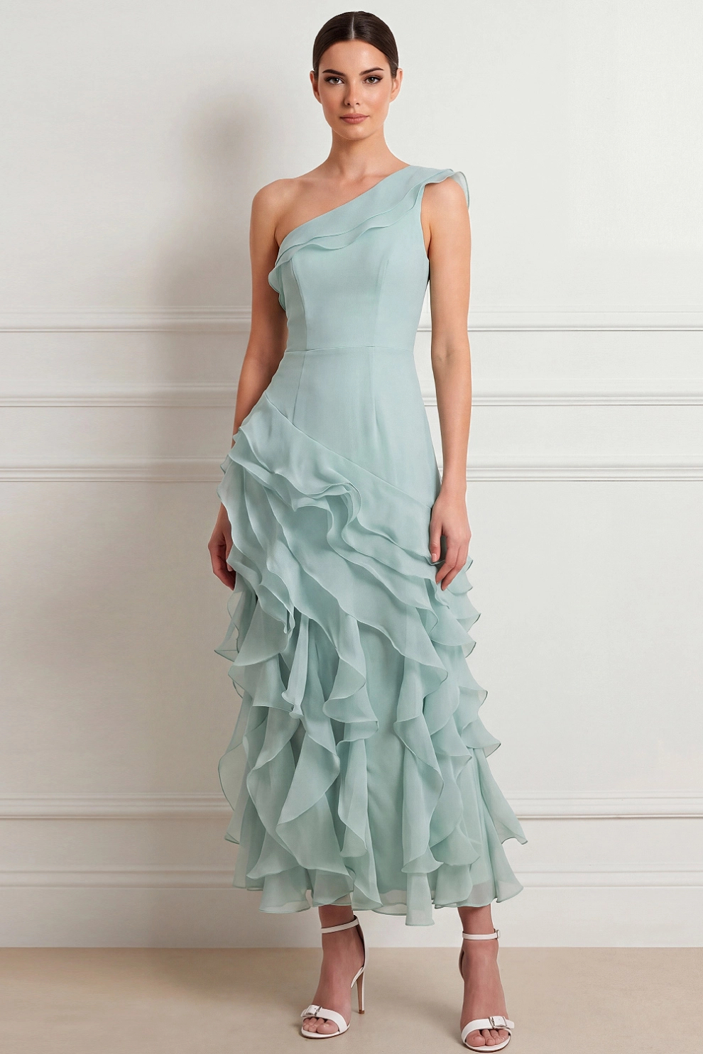 Lake Blue One Shoulder A-Line with Ruffle Maxi Dress