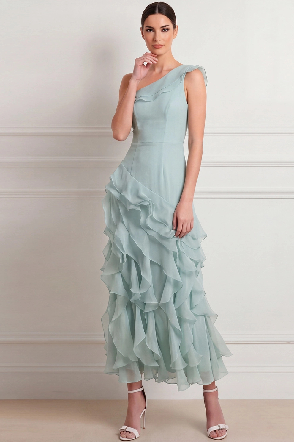 Lake Blue One Shoulder A-Line with Ruffle Maxi Dress