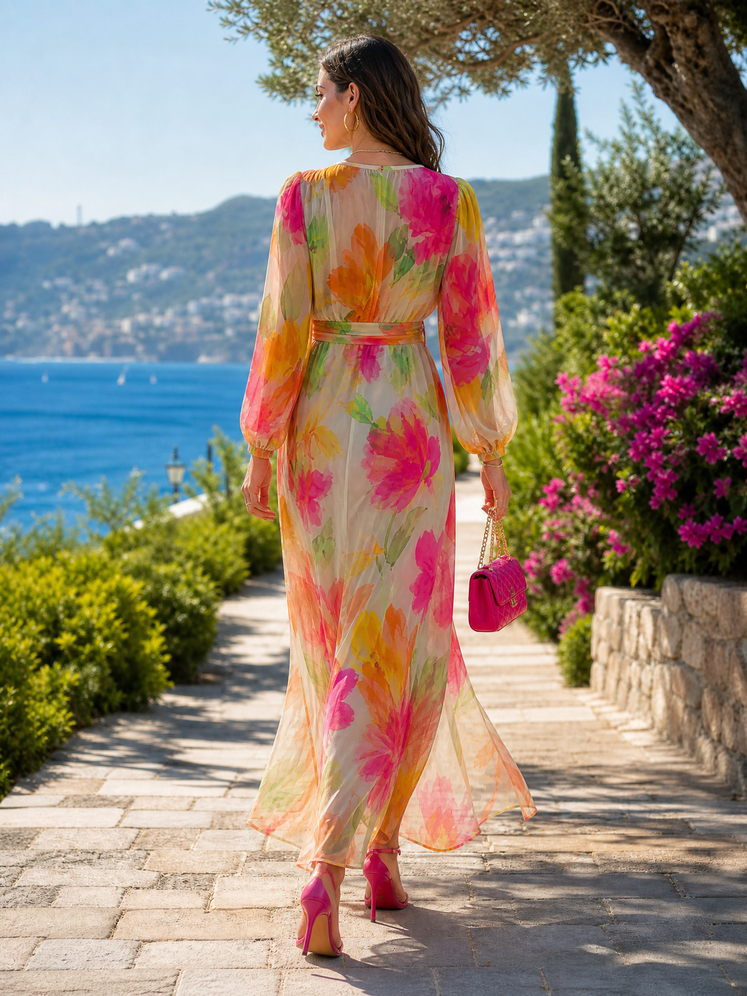V-Neck Long Sleeve Floral Print Floor-Length Chiffon A-Line Gown