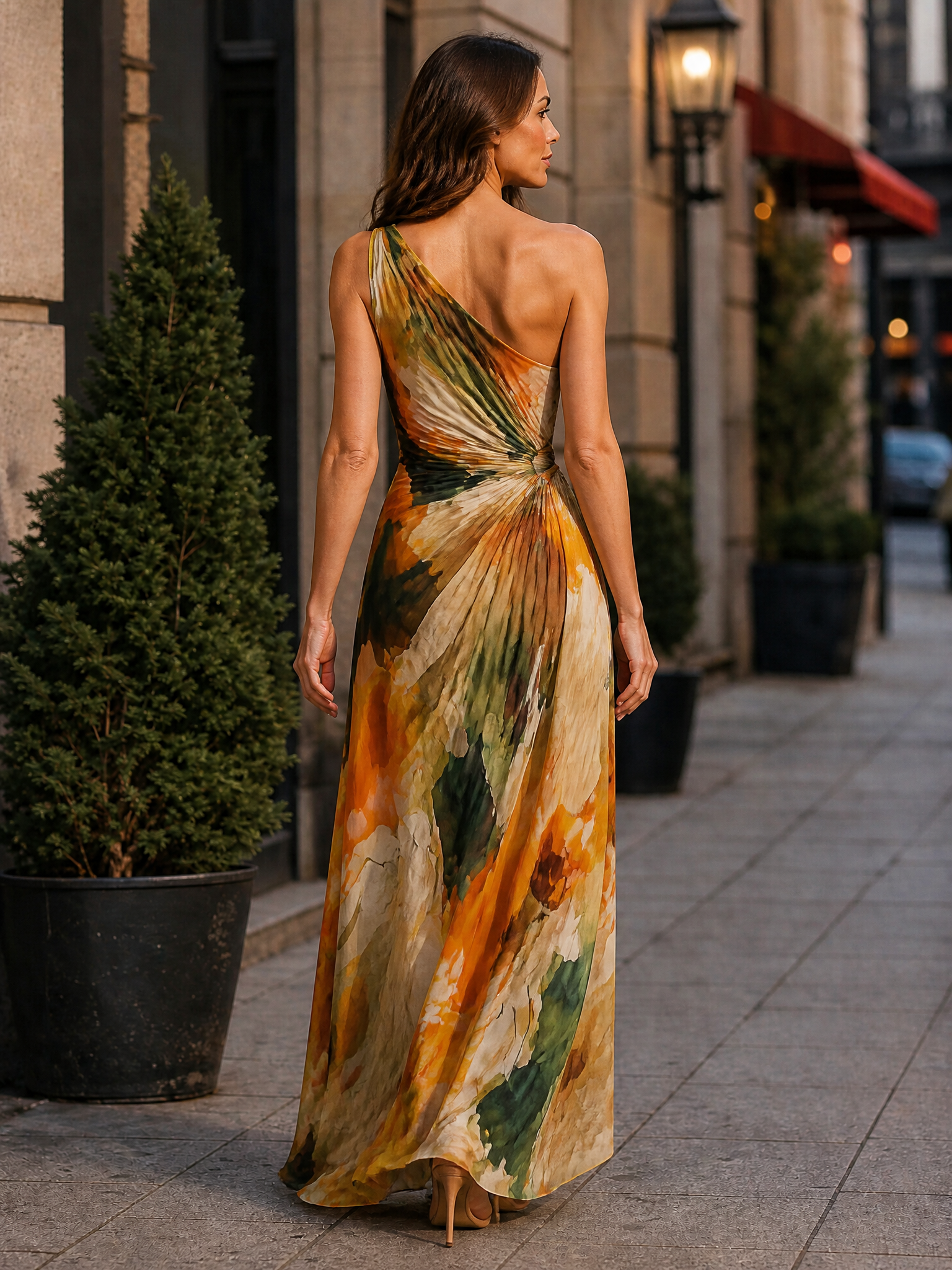 Luminous Sunset Abstract One-Shoulder Draped Sheath Maxi Gown Dress