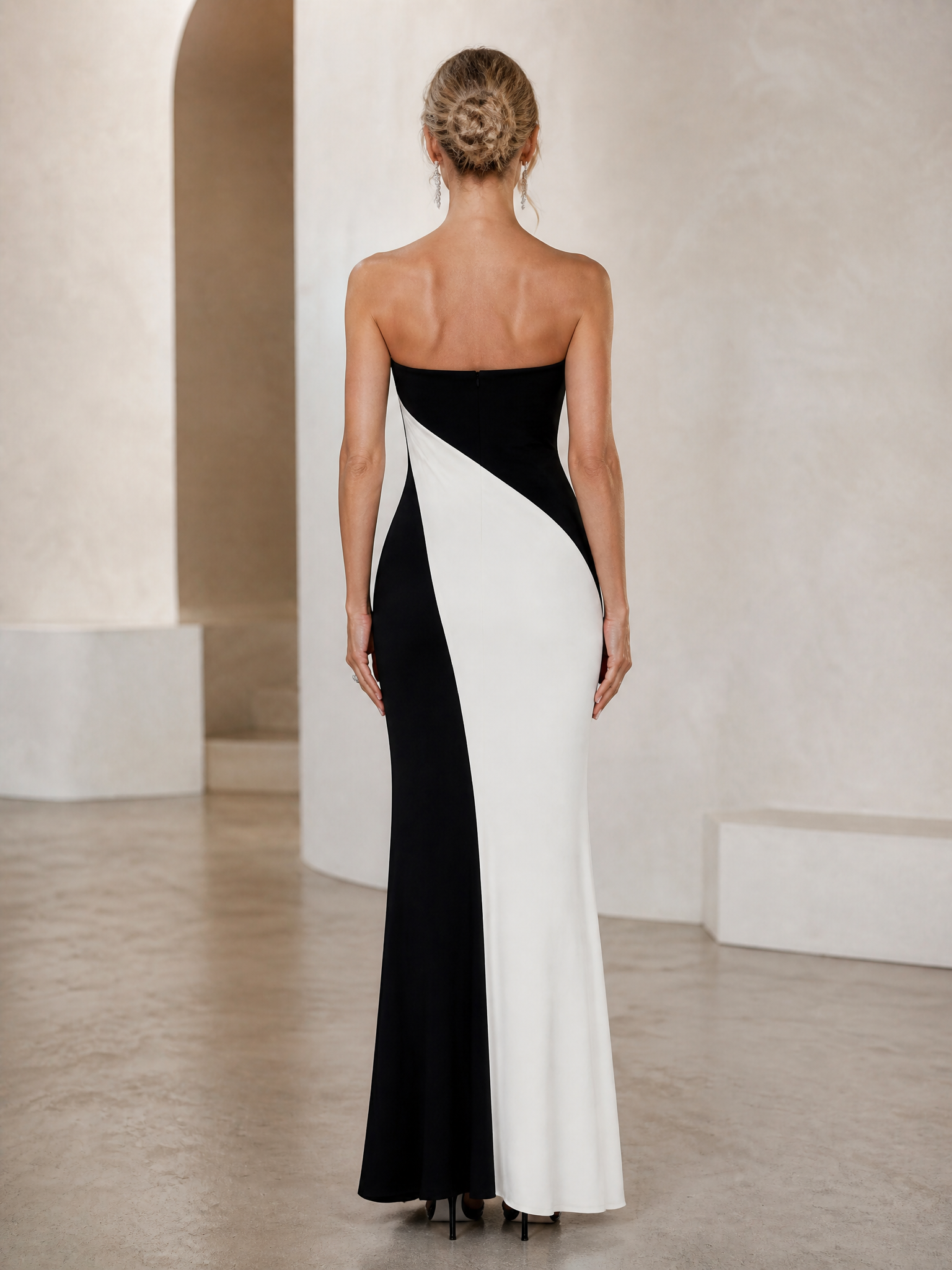 Black-White Color-Block Strapless Draped Sheath Maxi Gown Dress