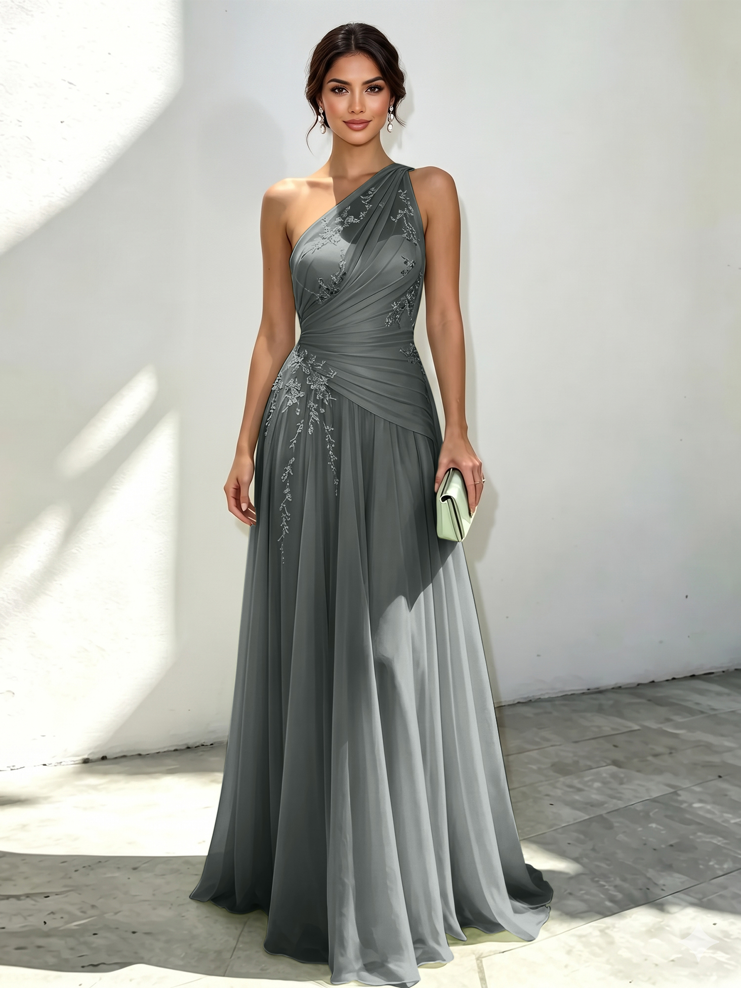 Mint Green Applique 3D Floral Chiffon One Shoulder Sleeveless A-Line Floor Length Dress