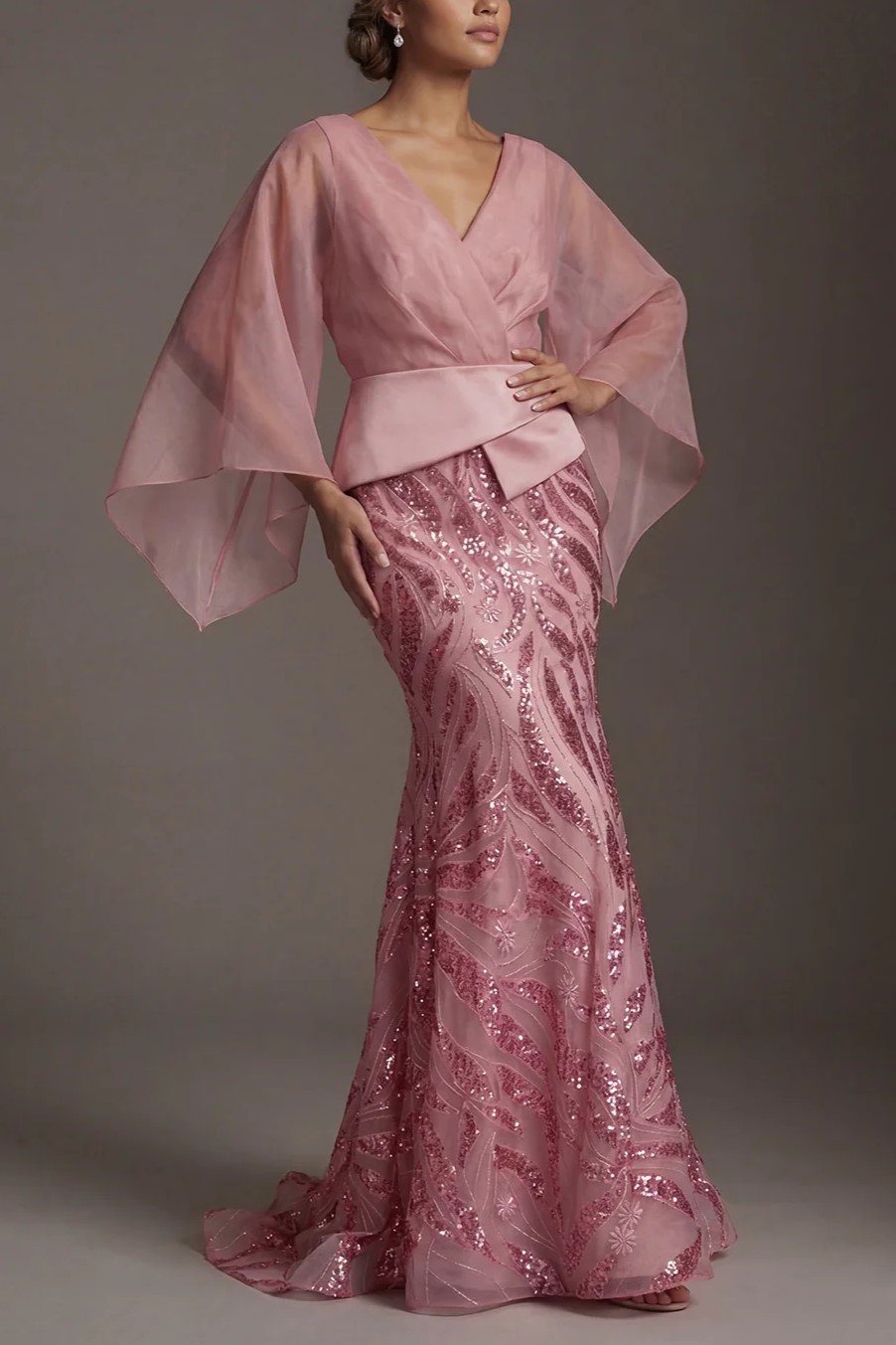 Flare Sleeves Long Sparkly Pink Mermaid Sequin Maxi Dress