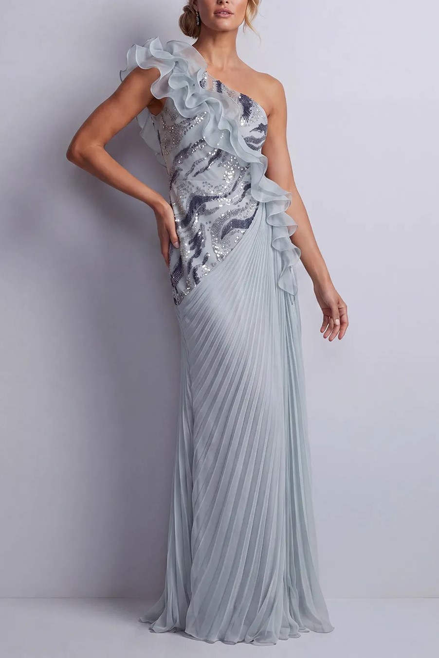 Sparkly Dusty Blue Sheath One Shoulder with Ruffles Maxi Dress