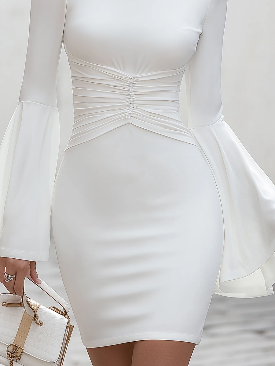 High-Neck Ruched Waist Dress With Dramatic Flared Sleeves