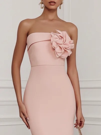 Pink 3D Floral Classic Strapless Sleeveless Sheath Maxi Dress