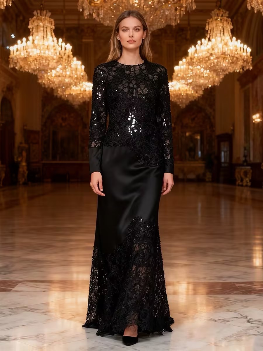 Black Sequin Embroidered Mermaid Evening Dress