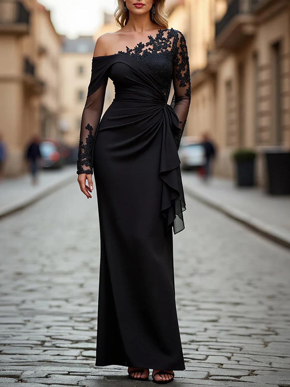 Black Appliques Ruched One Shoulder Long Sleeves Maxi Dress