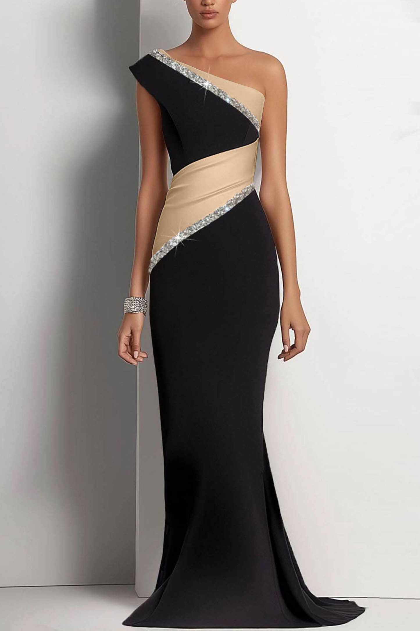 Party One-Shoulder Diamond Dress Black White Maxi Dress