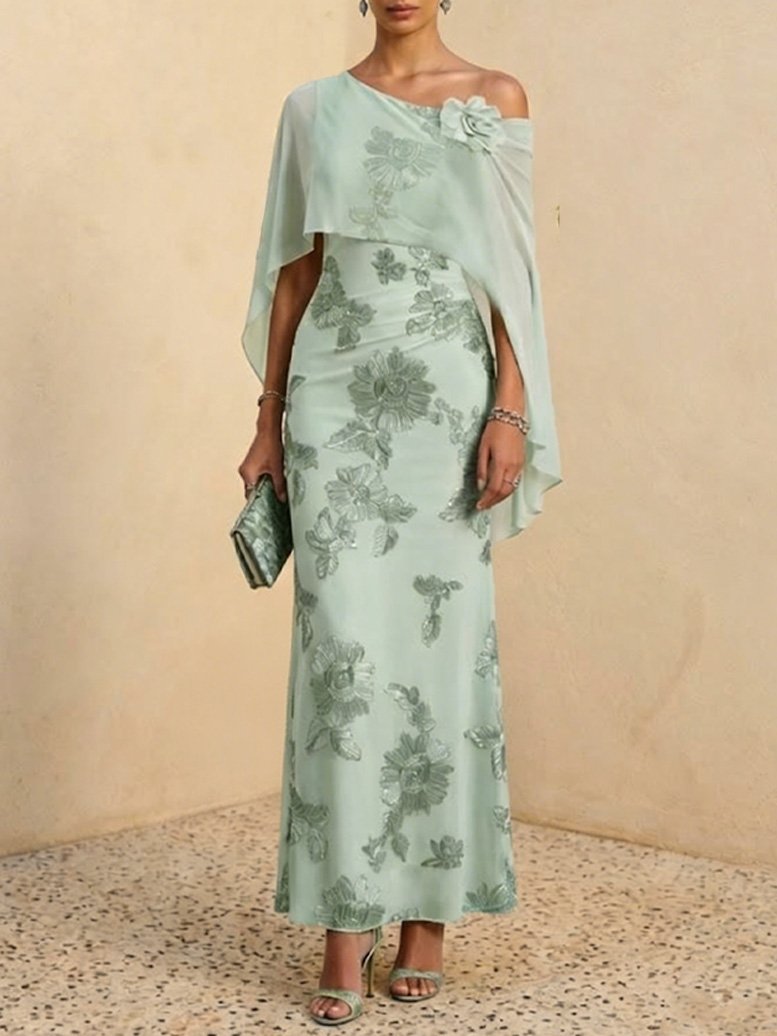 Light Green 3D Floral Jacquard Classic One Shoulder Cap Sleeve Sheath Maxi Dress