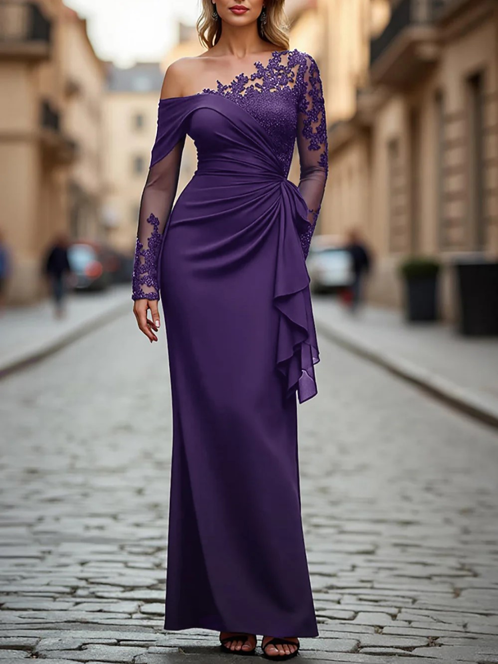 Black Appliques Ruched One Shoulder Long Sleeves Maxi Dress