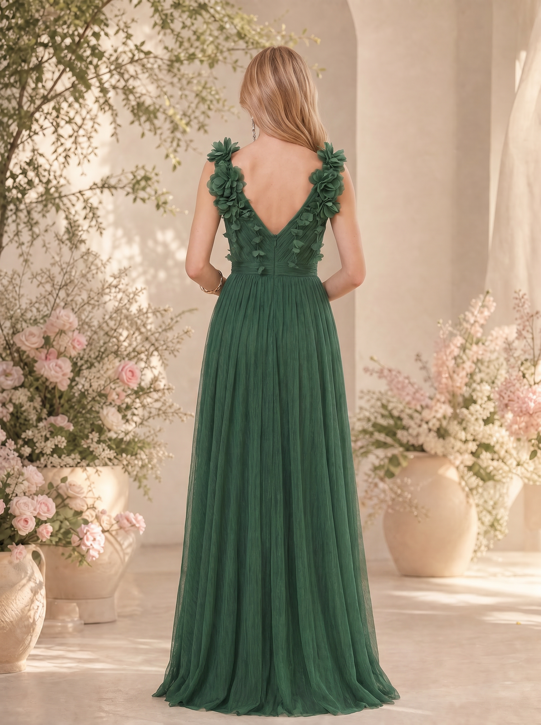 Dark Green V Neck 3D Floral Strap Flowy Maxi Dress