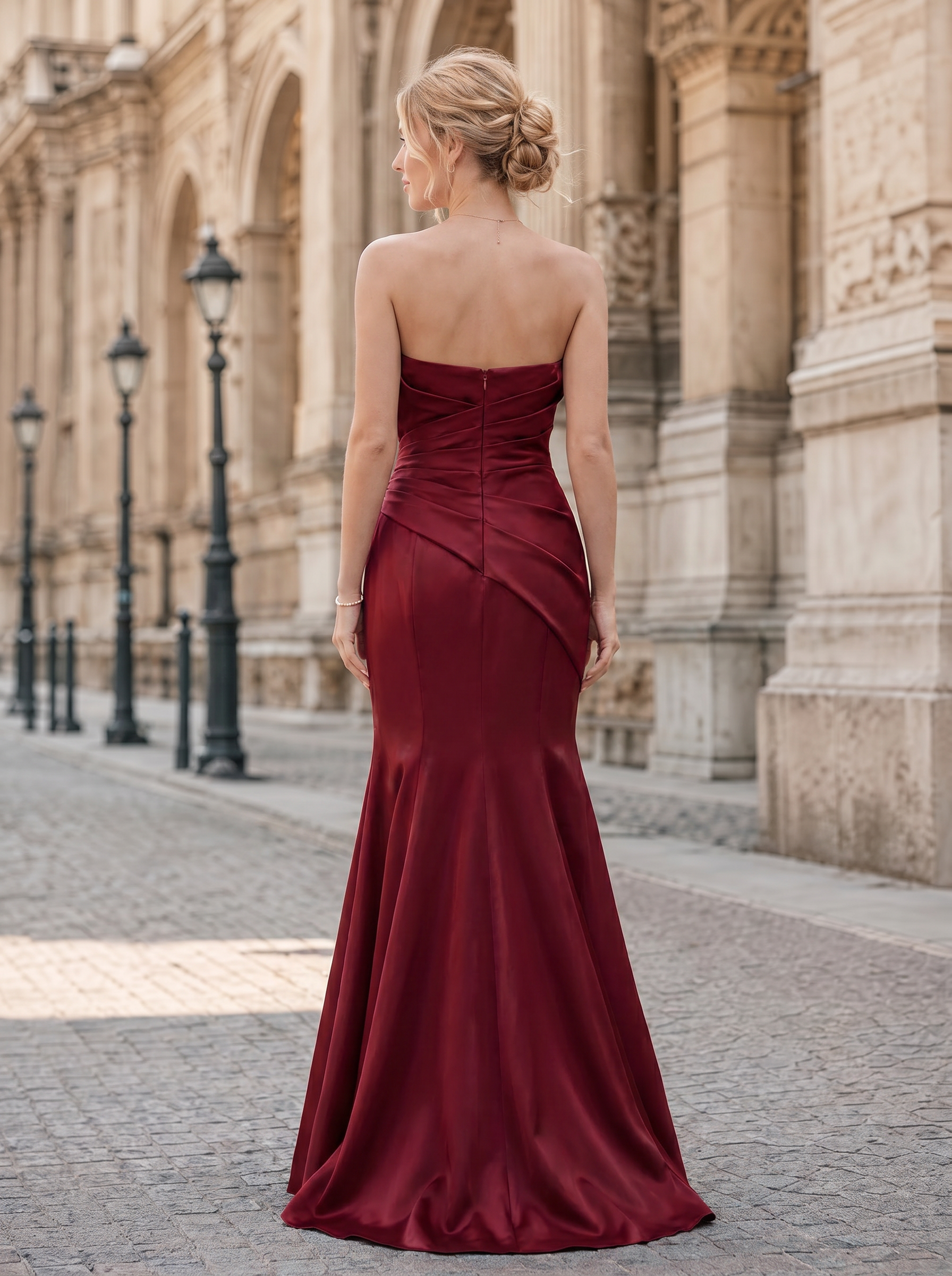 Burgundy Strapless Fold Ruched Mermaid Maxi Dress