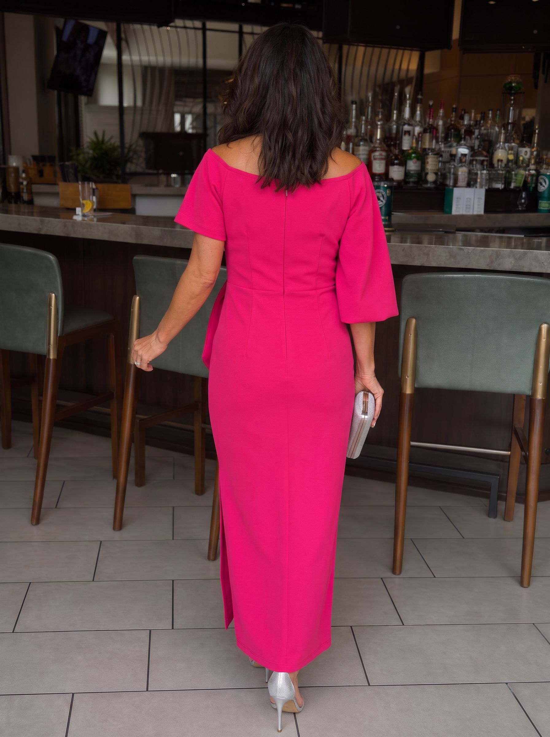 Hot Pink Off Shoulder Bow Front Slit Midi Dress