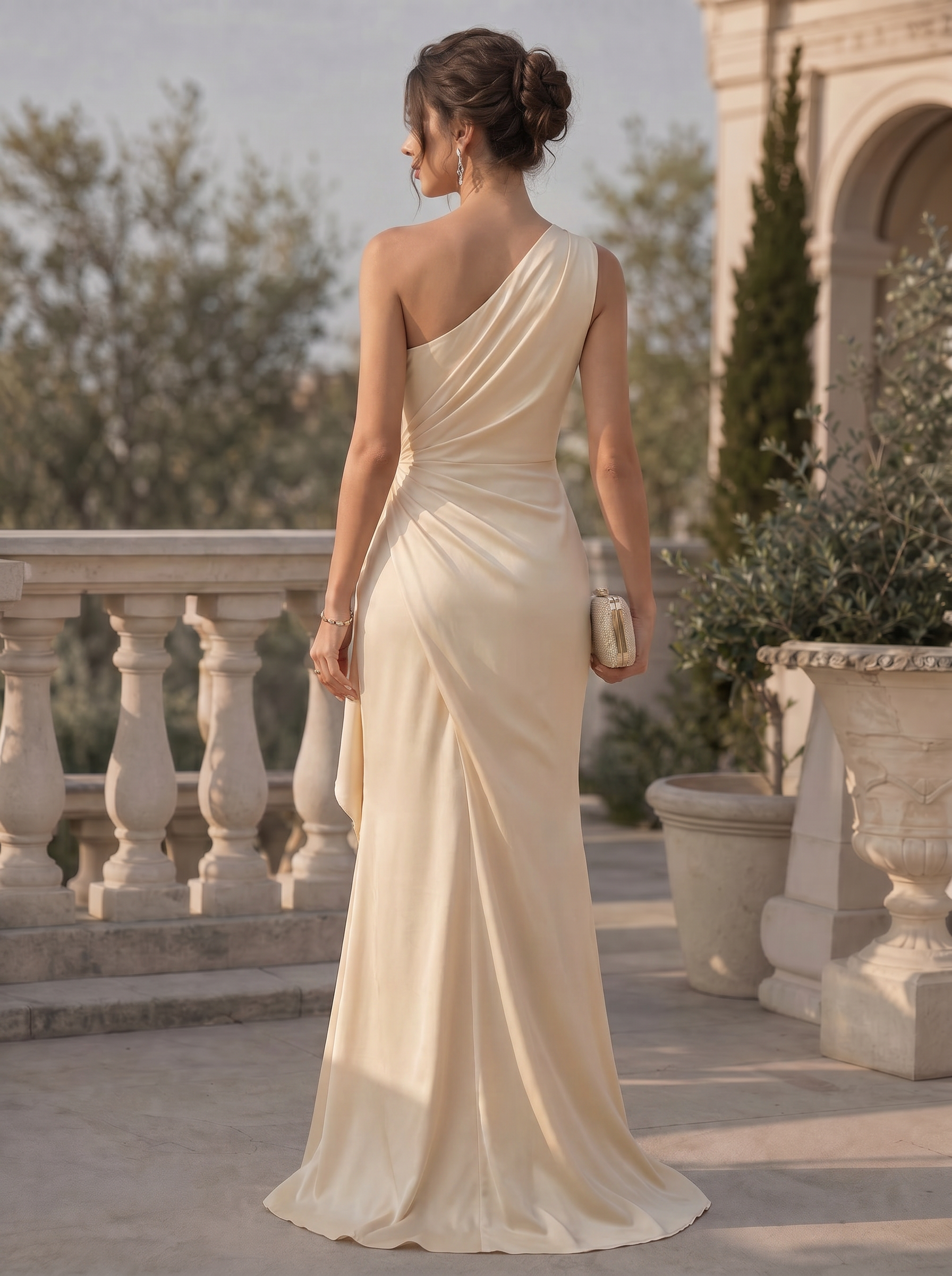Champagne One Shoulder Draped Ruched Mermaid Maxi Dress