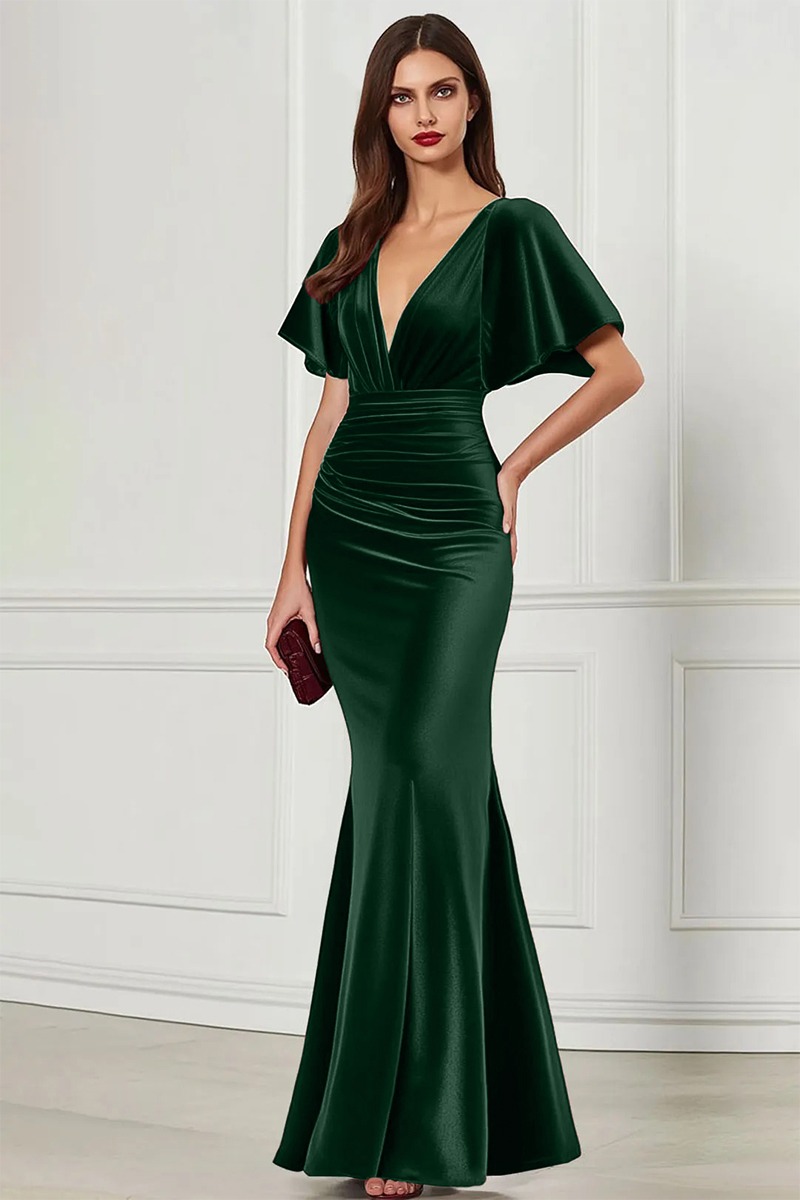 Formal Velvet Dress Burgundy V Neck Maxi Mother of the Bride Dress