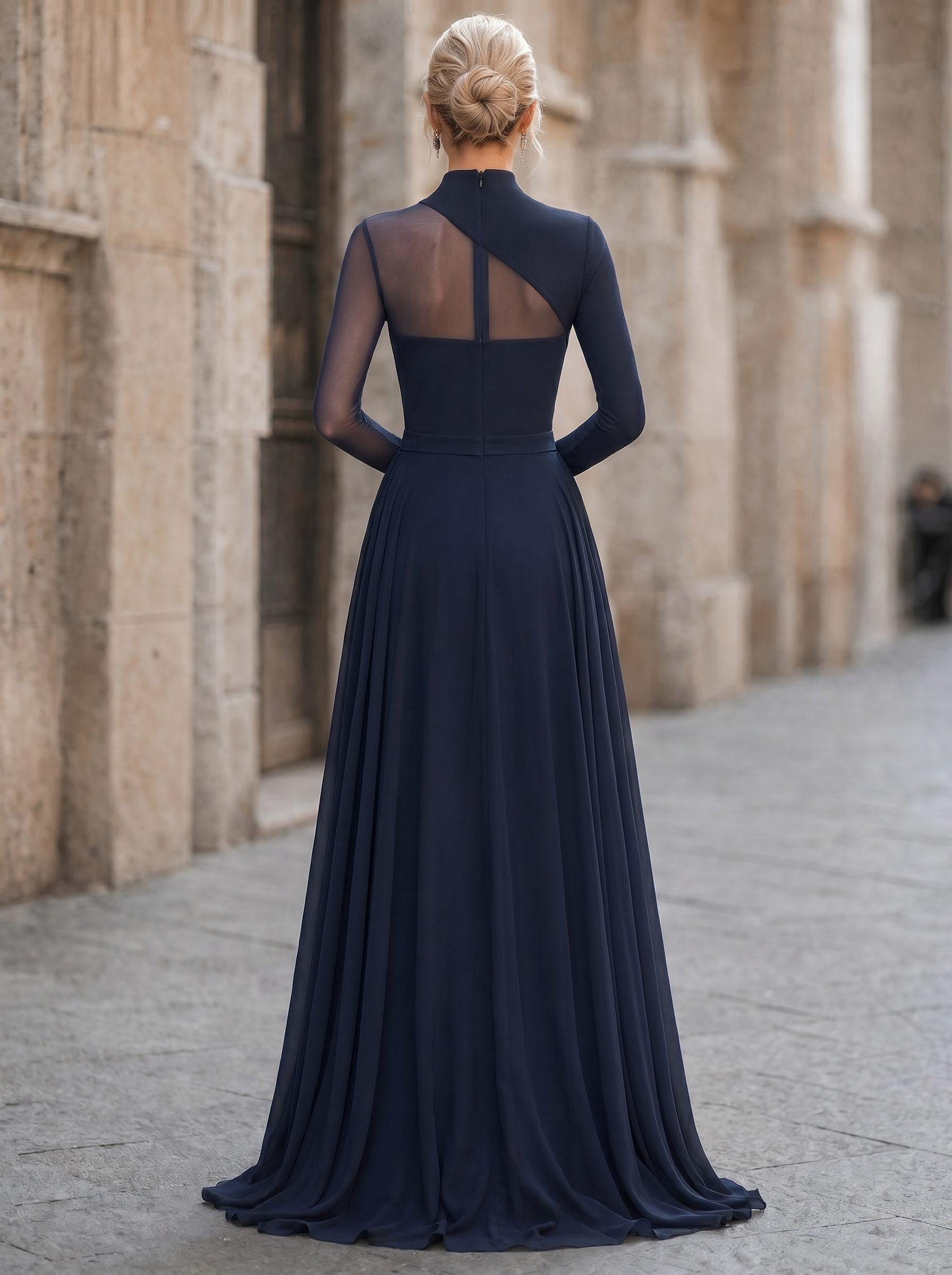 High Neck Sheer Panel Long Sleeve Ruched Slit Maxi Gown