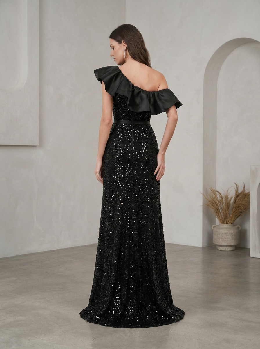 Black One-Shoulder Satin Ruffle Sequin Mermaid Gown with Slit