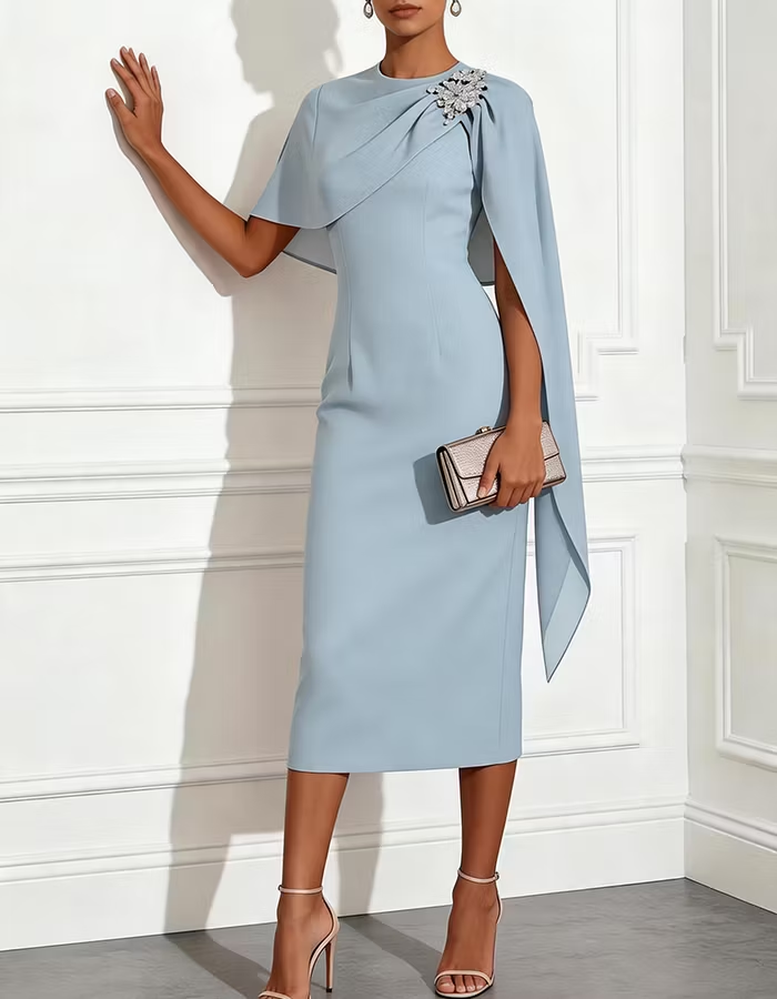 Light Blue Rhinestone Classic Crew Neck Sleeveless Sheath Midi Dress