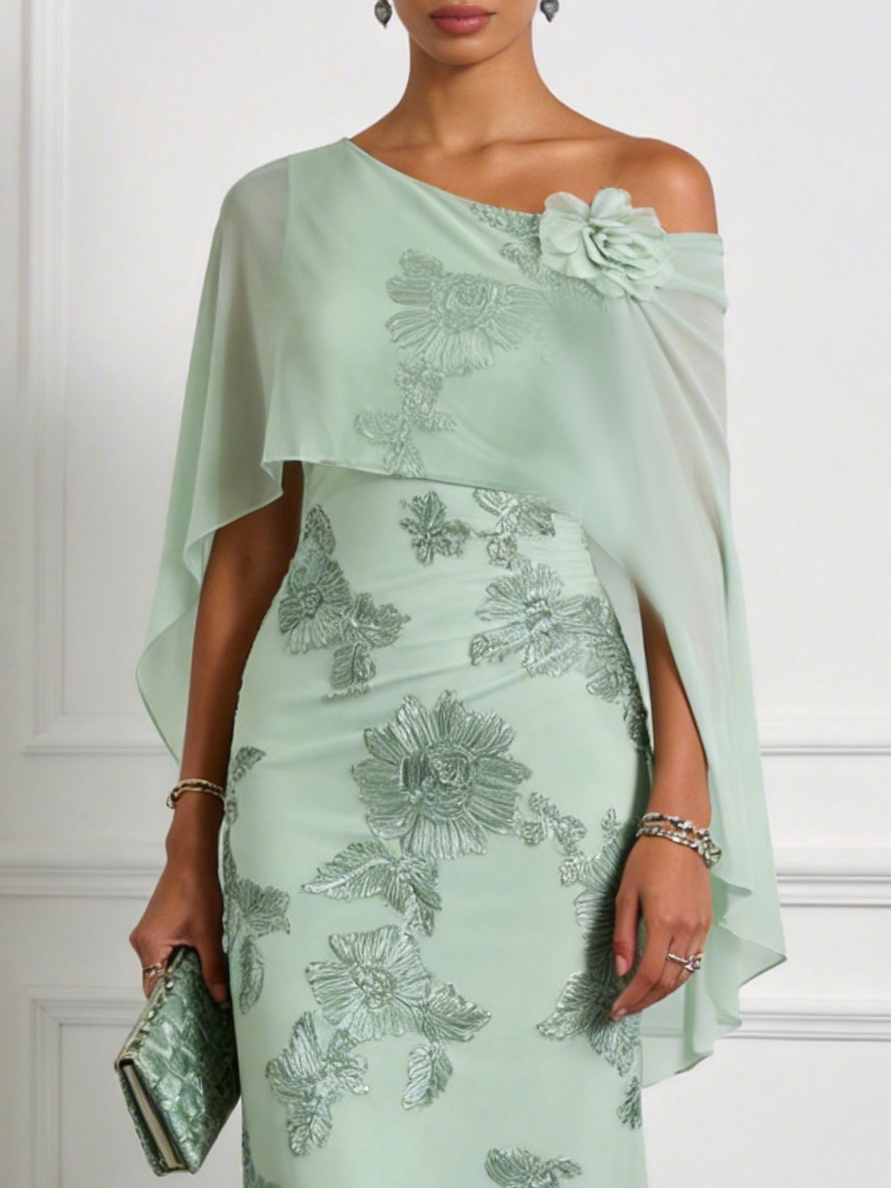 Light Green 3D Floral Jacquard Classic One Shoulder Cap Sleeve Sheath Maxi Dress