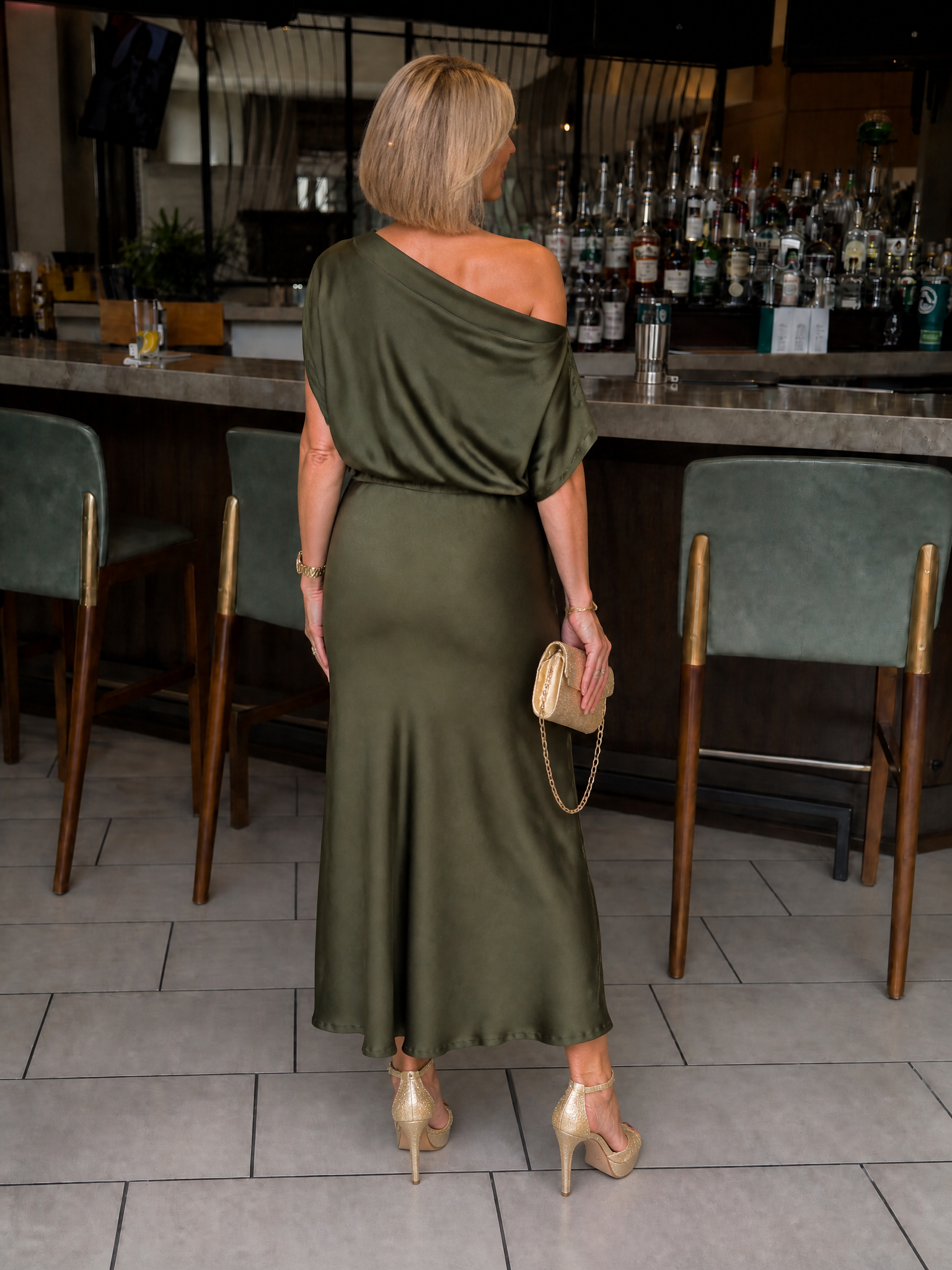 Luminous Olive Green One-Shoulder Satin Midi Gown Dress