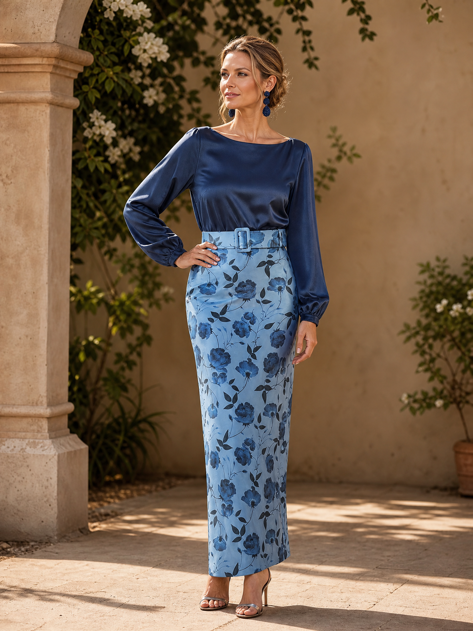 Navy Blue Satin Floral Midi-Split Two-Piece Ensemble Sheath Gown Dress