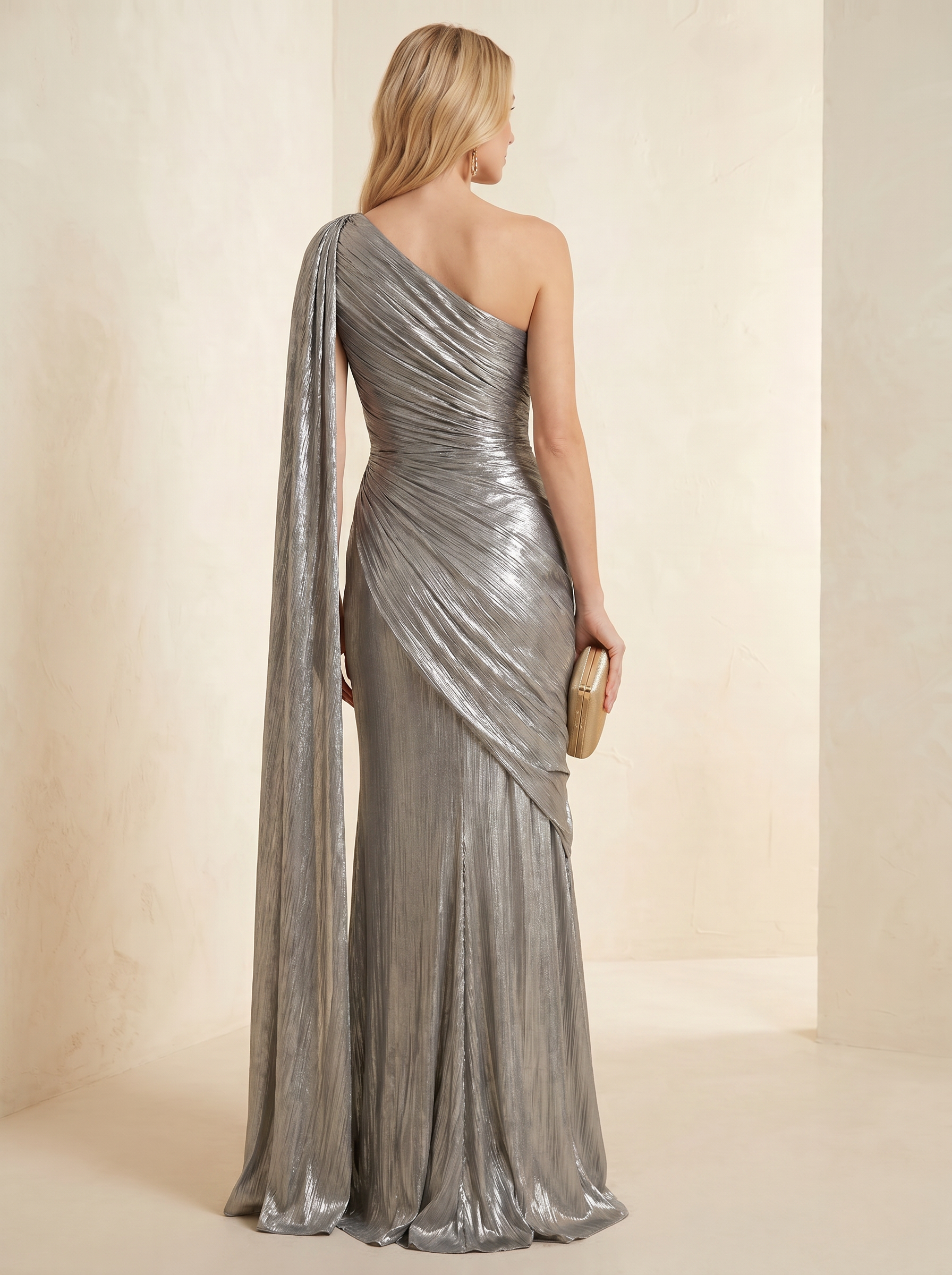 Silver One-Shoulder Draped Cape Metallic Mermaid Maxi Dress