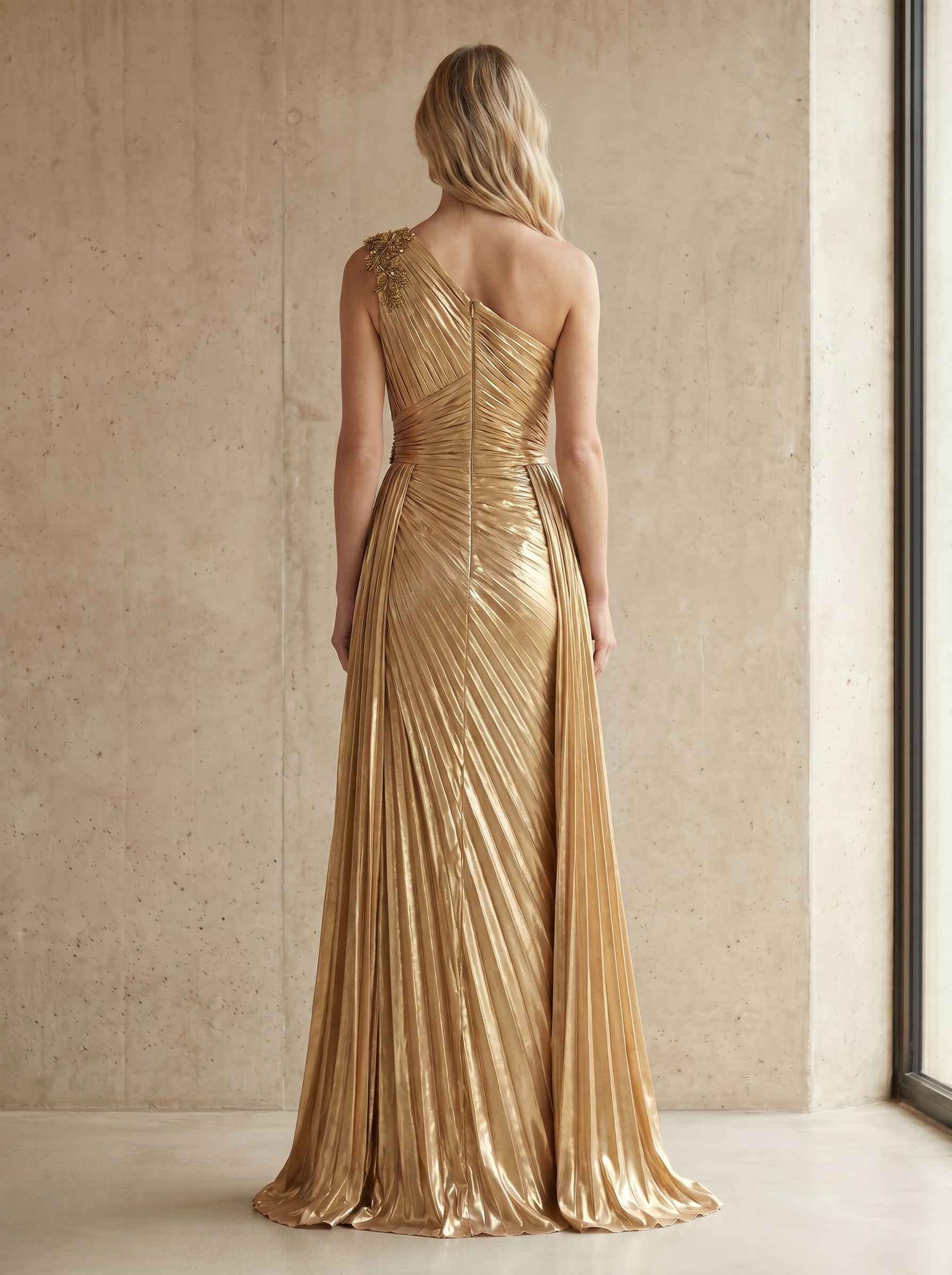 Gold One-Shoulder Beaded Metallic Pleated Maxi Dress