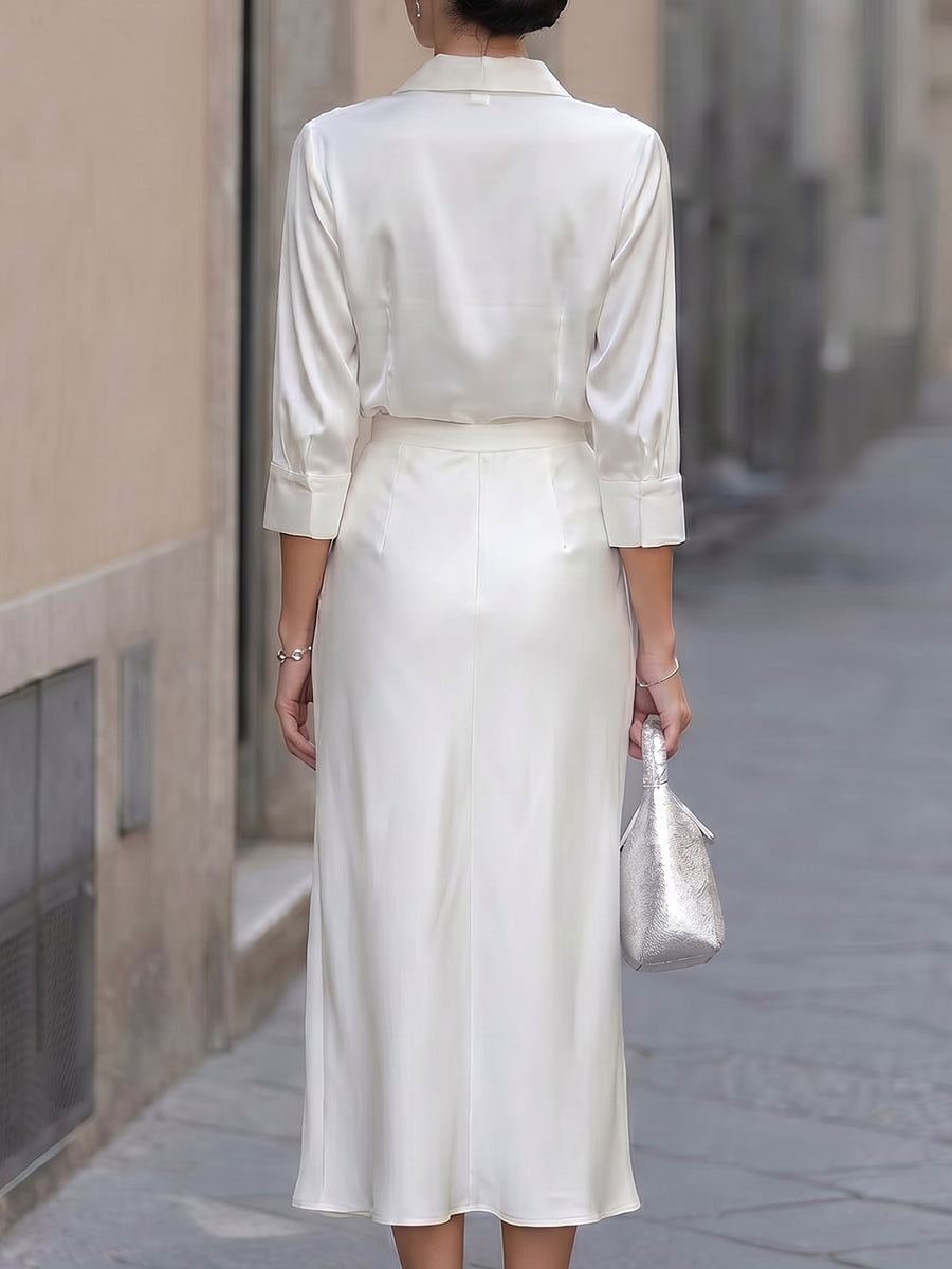 Acetate Satin Cowl Collar Draped Midi Dress