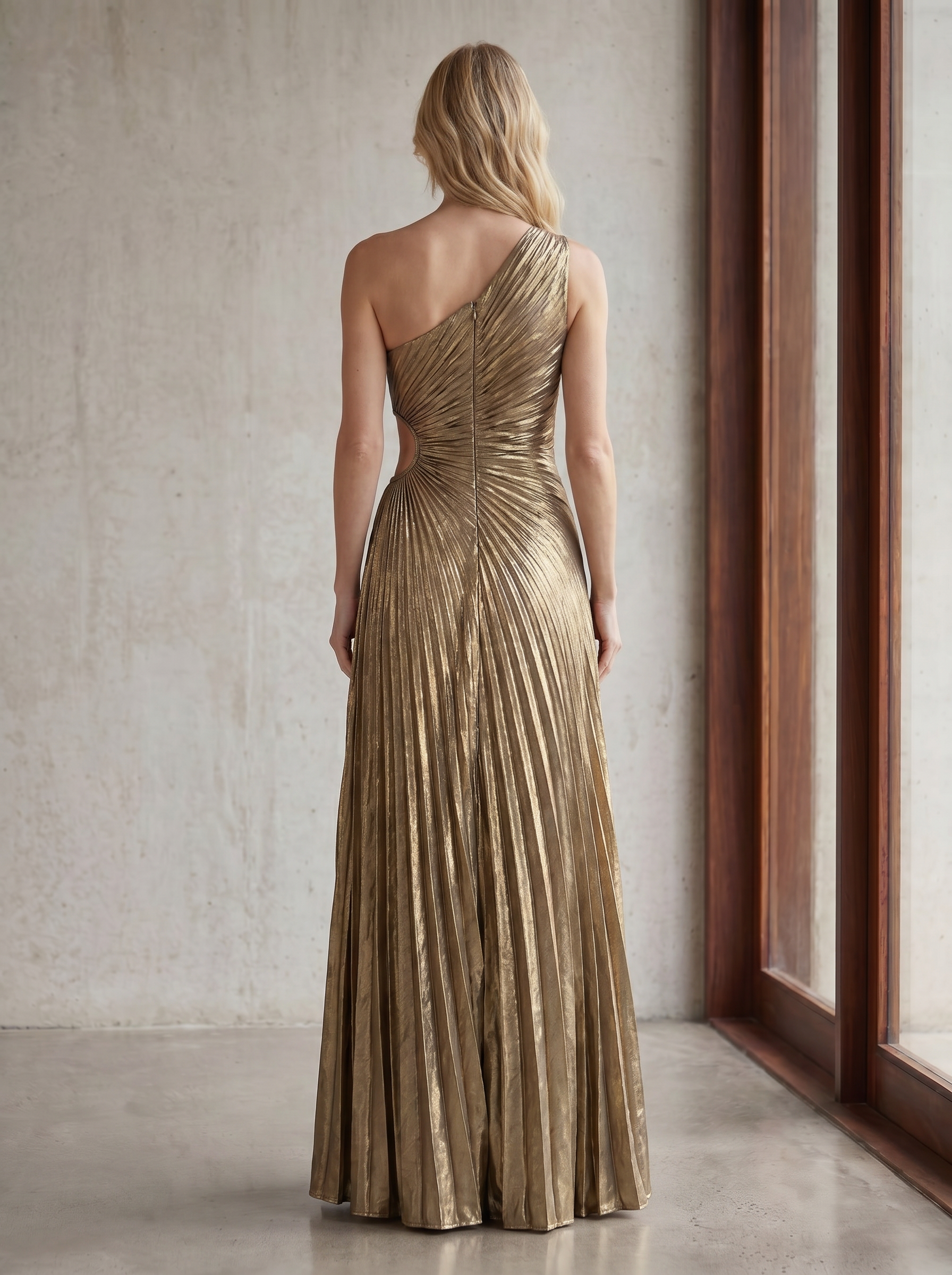 Gold One-Shoulder Cutout Metallic Pleated Maxi Dress