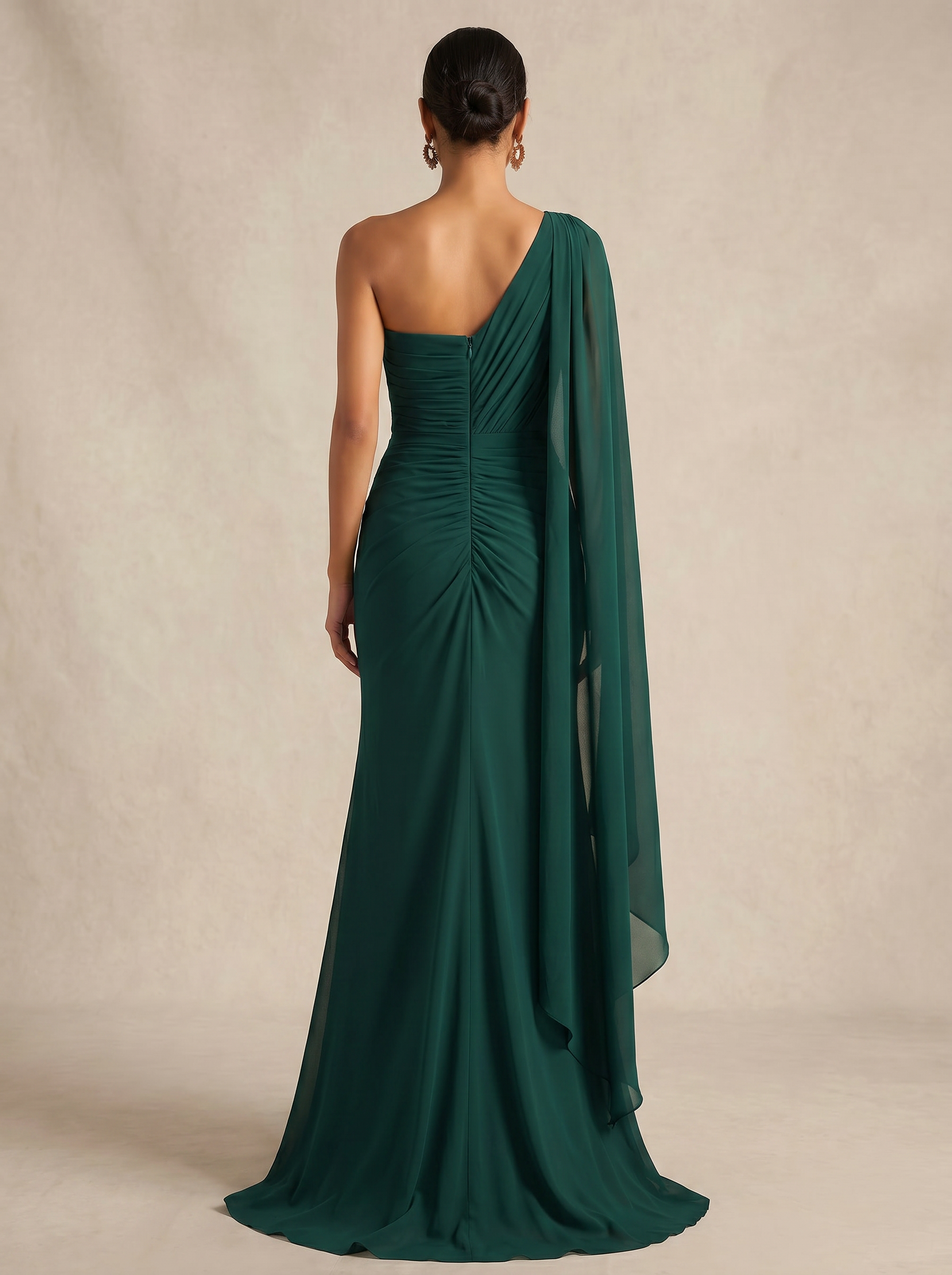 Emerald Green One-Shoulder Cape Sleeve Ruched Mermaid Gown