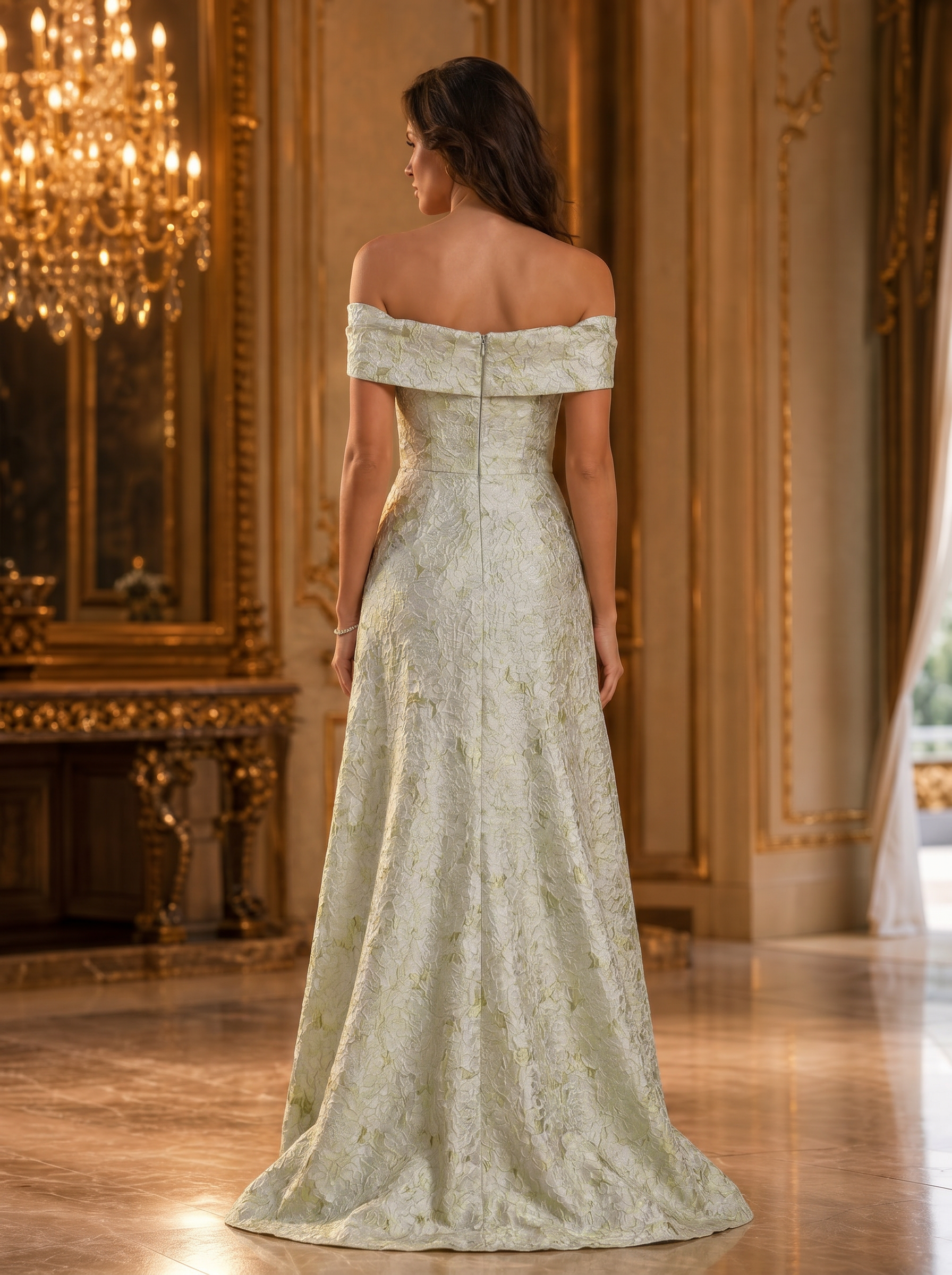 Sage Green Off-the-Shoulder Jacquard High-Low Mermaid Gown