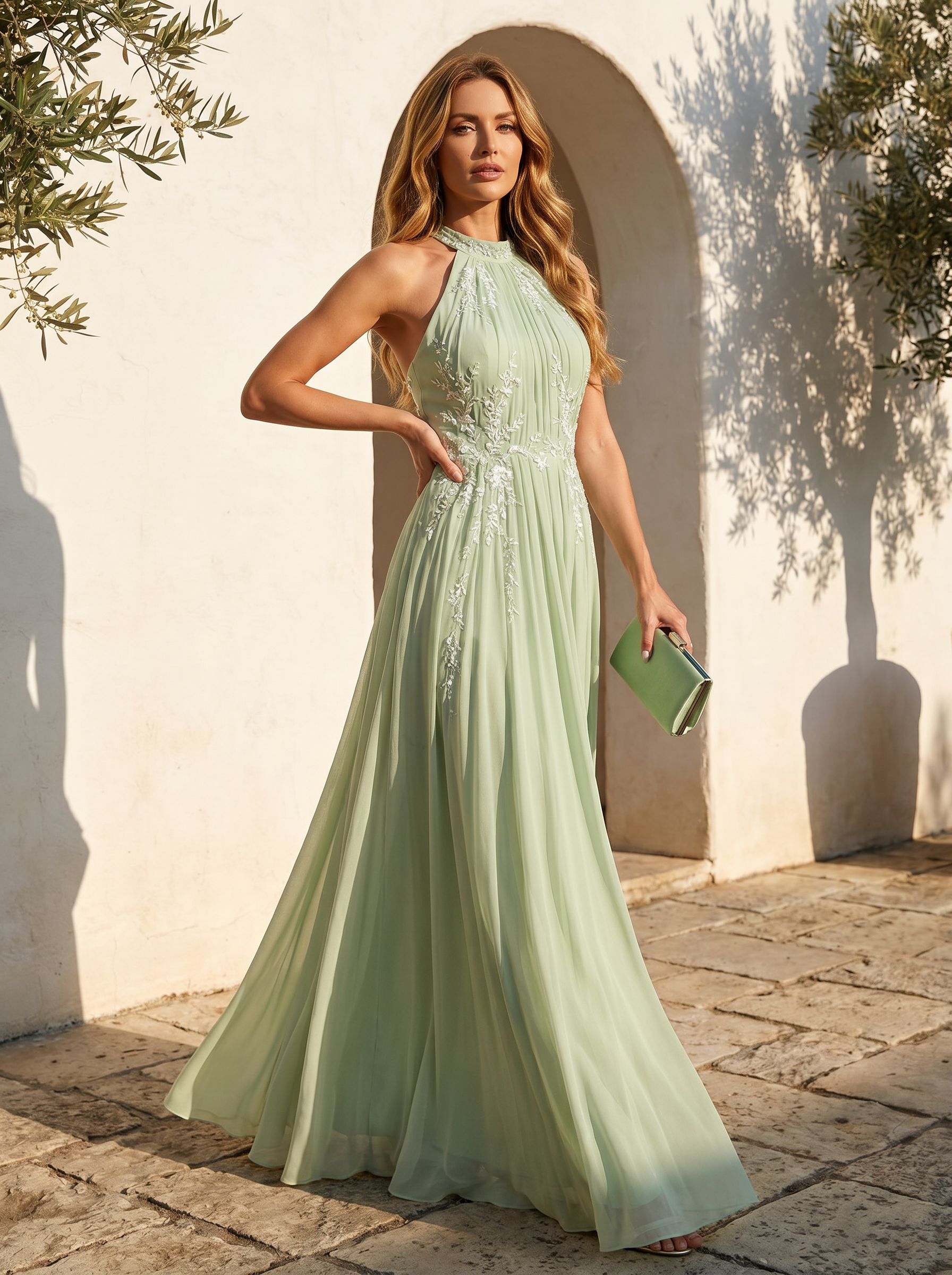 Sage Green Halter Neck Embroidered Chiffon Maxi Dress