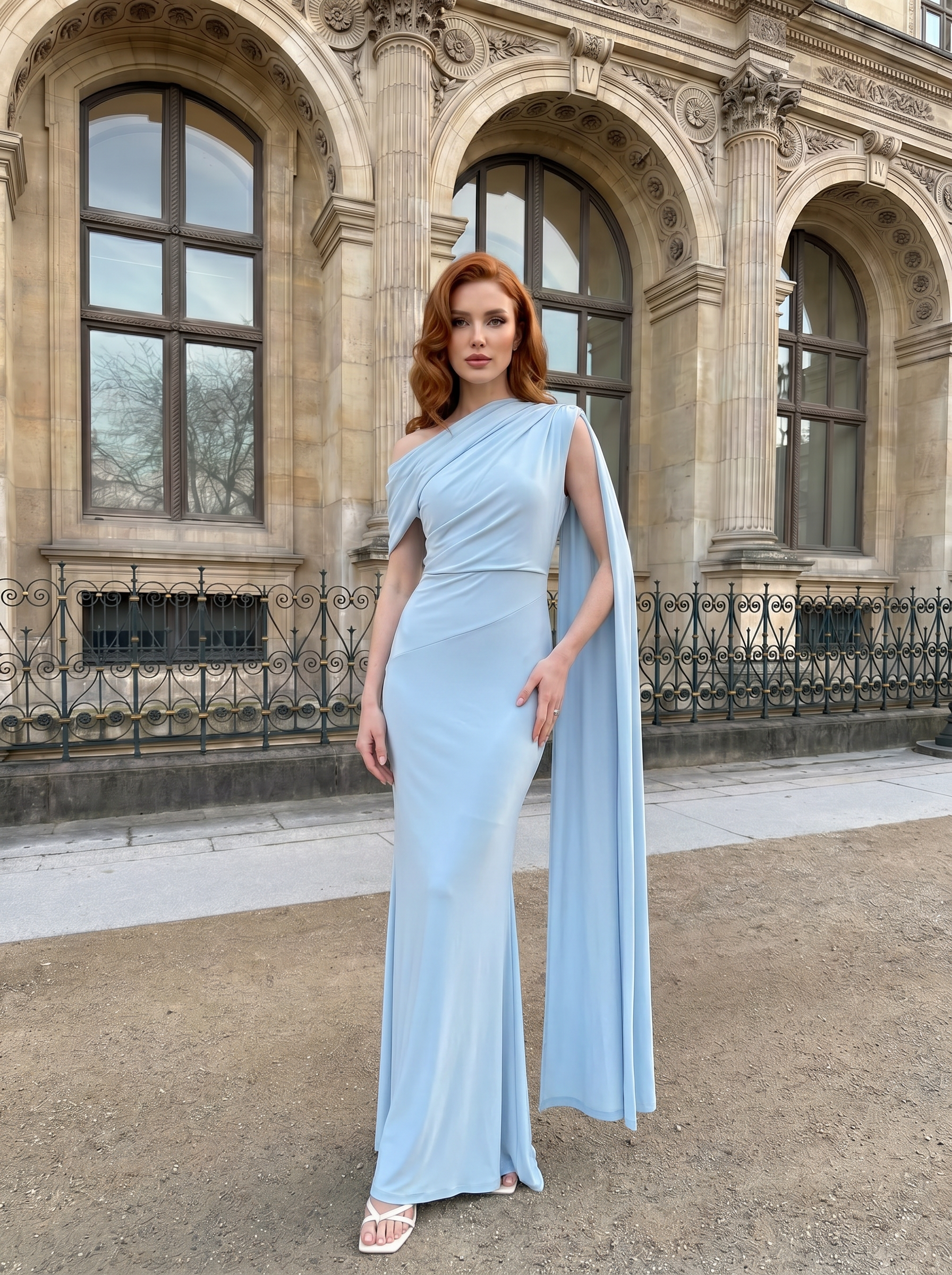 Light Blue One-Shoulder Cape Sleeve Mermaid Gown