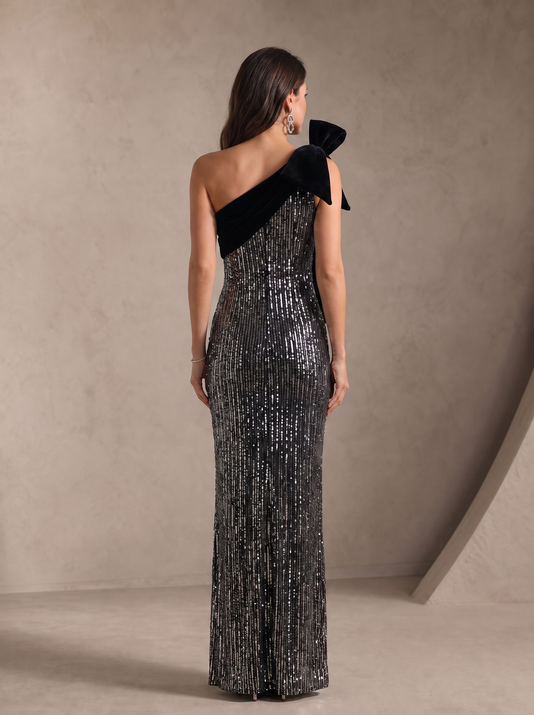 Black Silver Vertical Sequin One-Shoulder Mermaid Gown with Velvet Bow