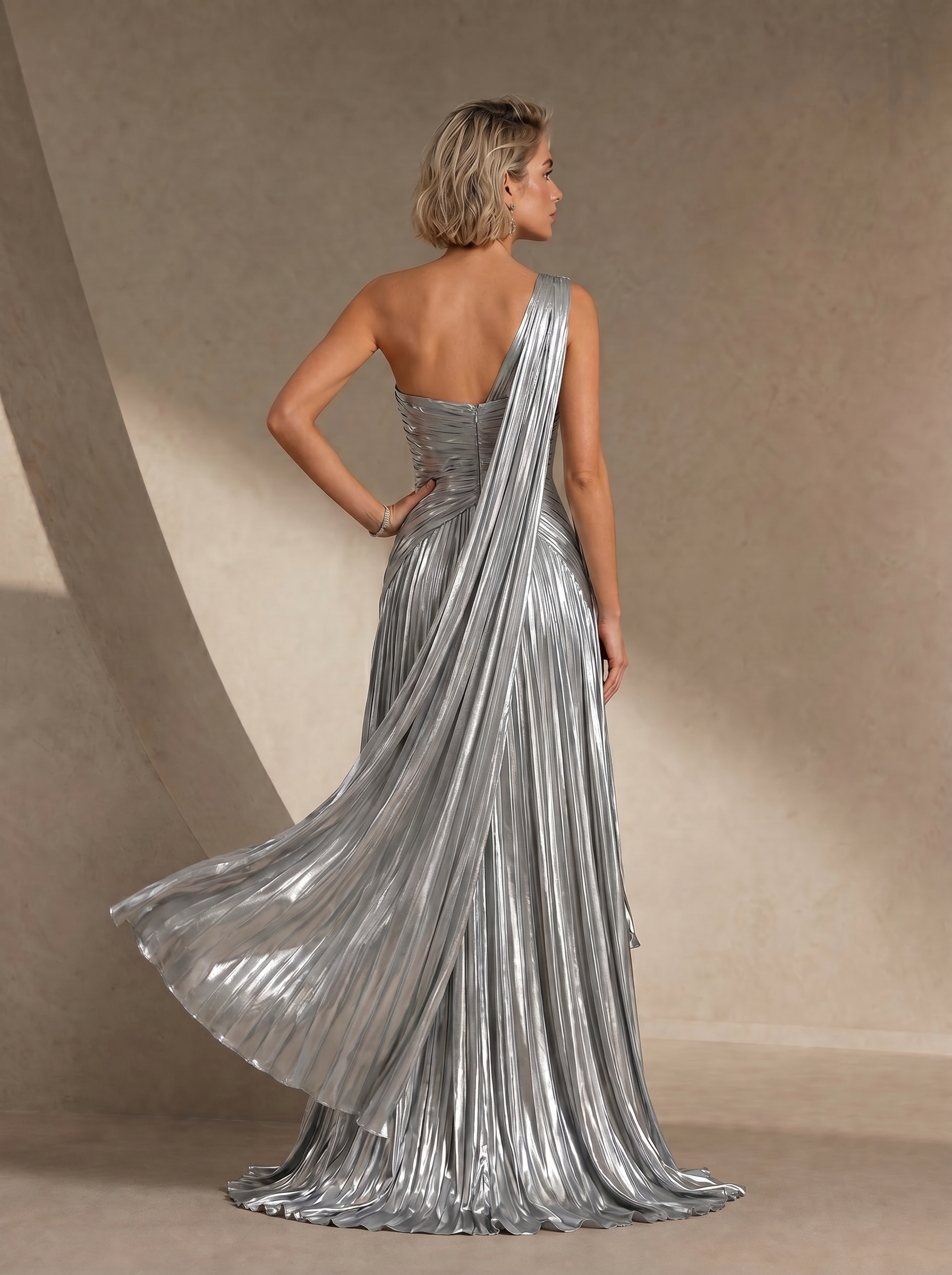 Silver Metallic Pleated One-Shoulder A-Line Gown with Draped Sash & Beaded Bust