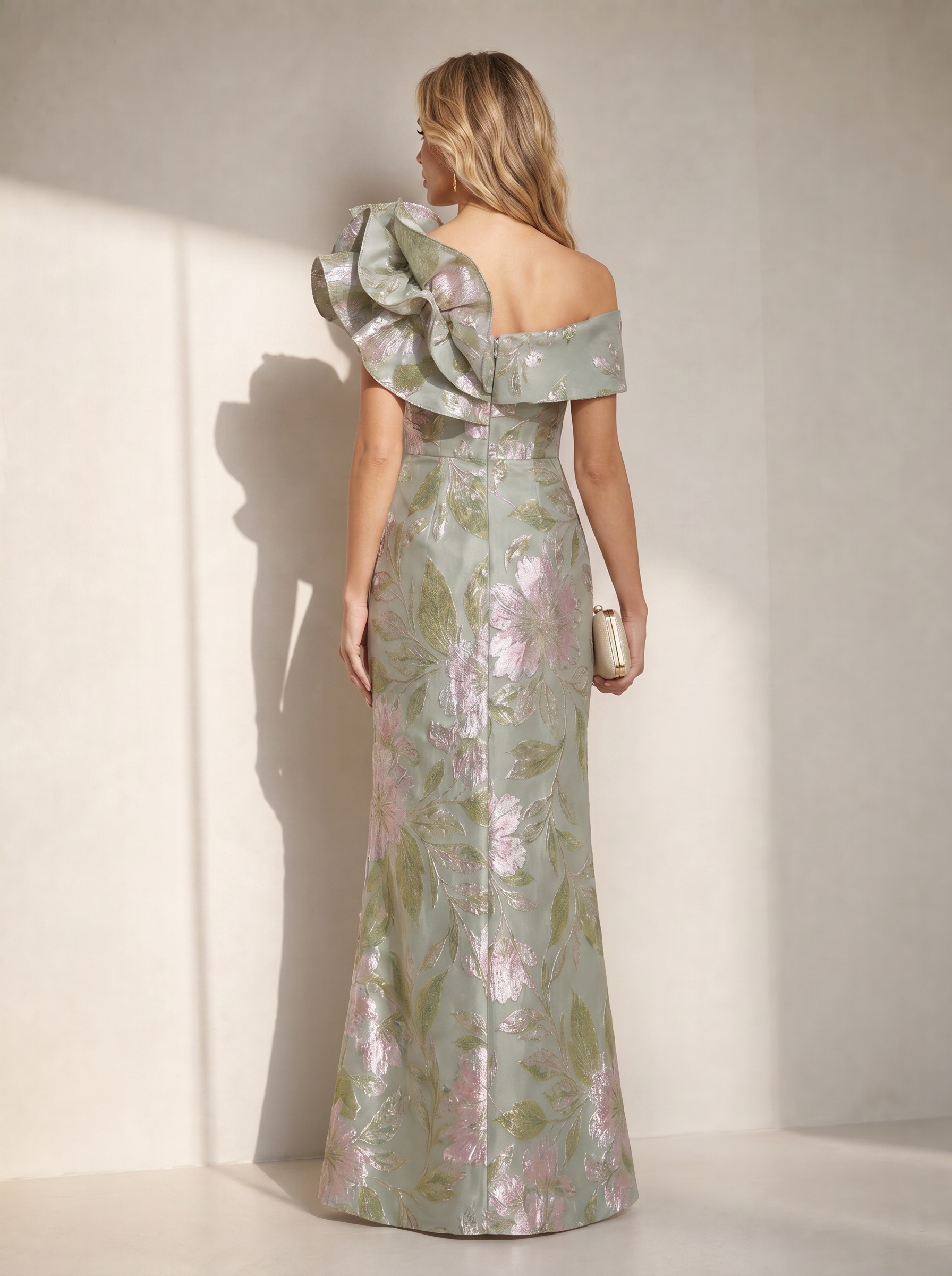 Sage Green Floral Jacquard Off-The-Shoulder Mermaid Gown