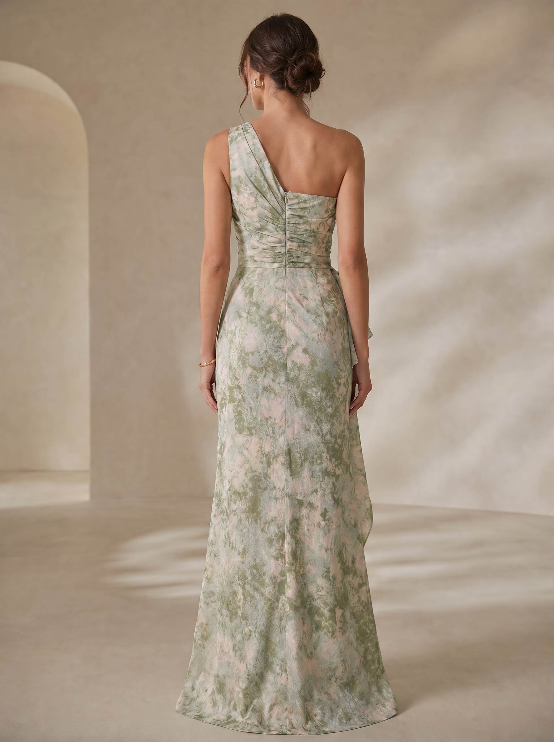 Sage Pink Watercolor Print One-Shoulder Mermaid Gown with Side Ruffle Sash