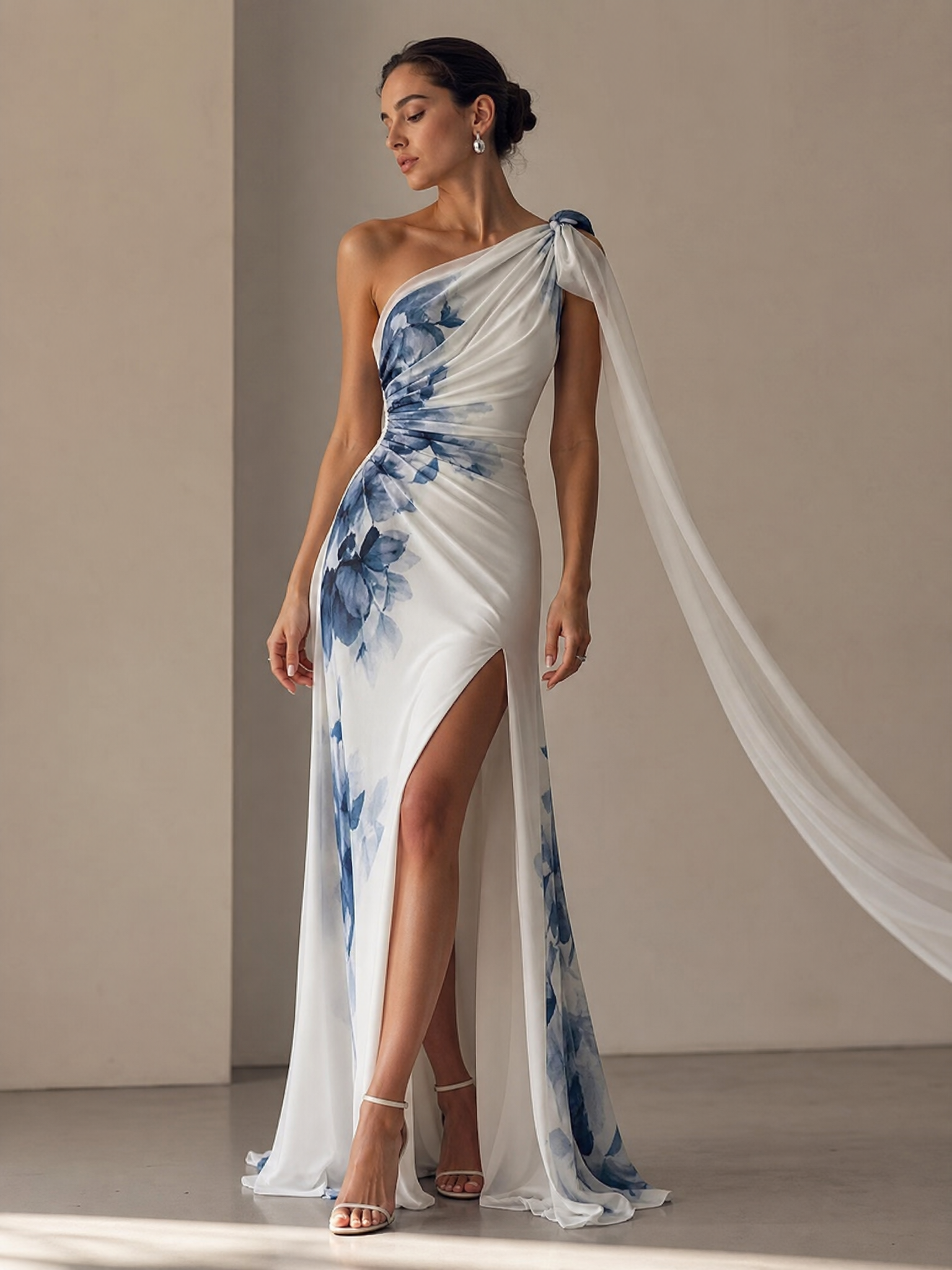 White Blue Watercolor Floral One-Shoulder Chiffon Gown