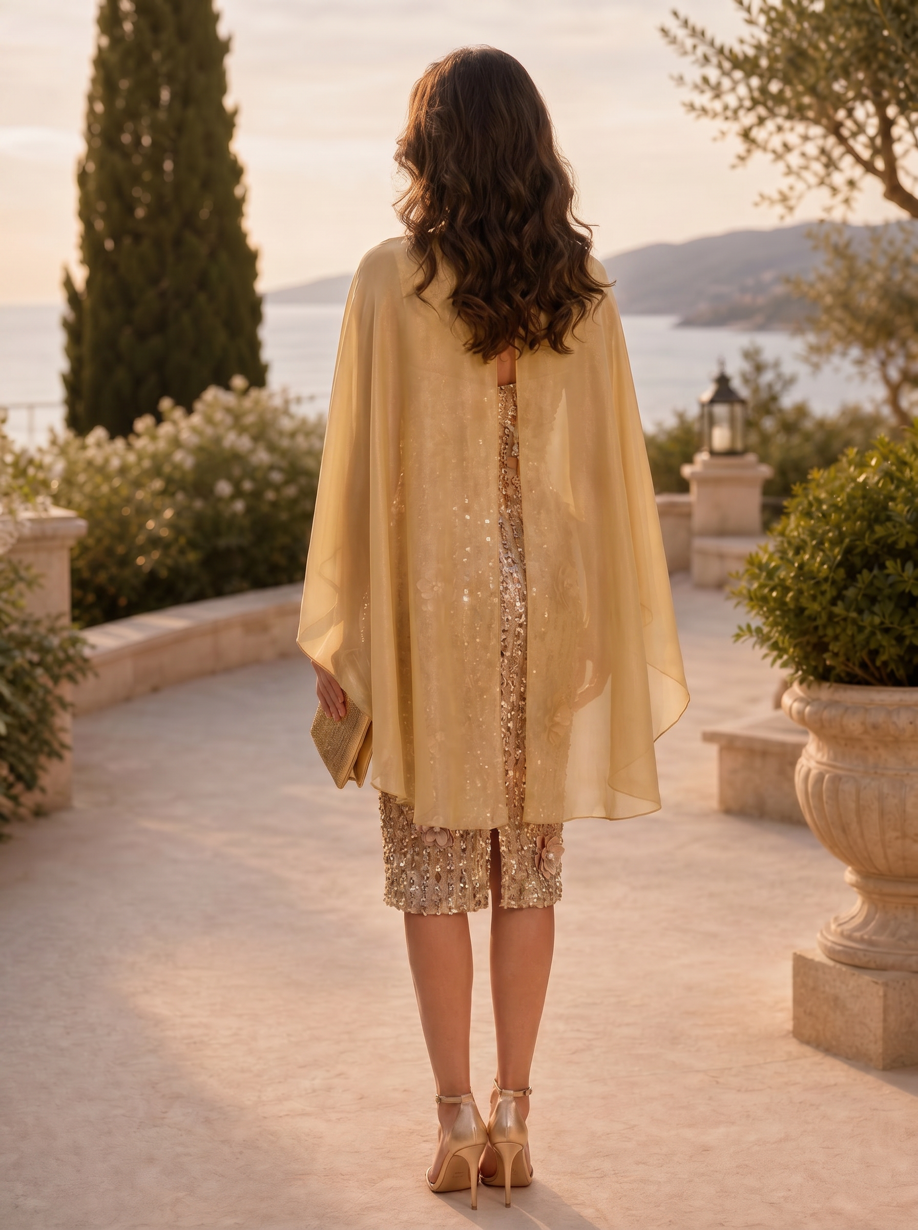 Champagne Sleeveless Sequin Chiffon Cape Overlay 3D Floral Appliques Midi Dress