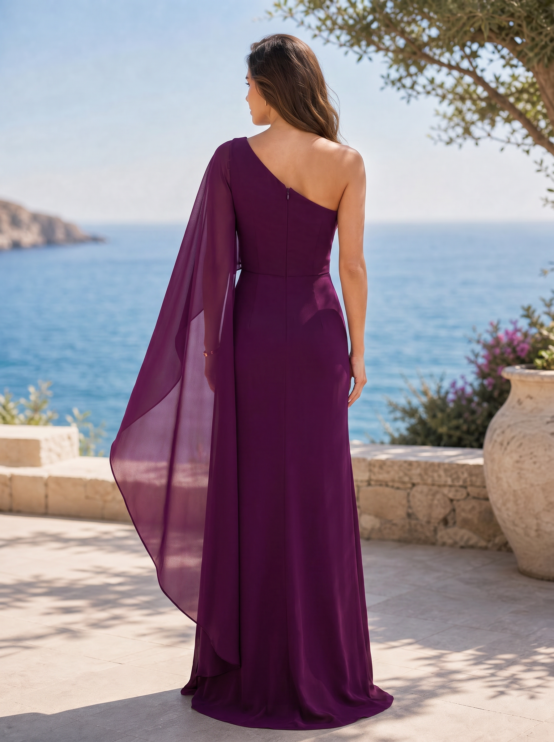 Plum Purple One Shoulder Two Layer Chiffon Cape Sash High Slit Floor Length Gown