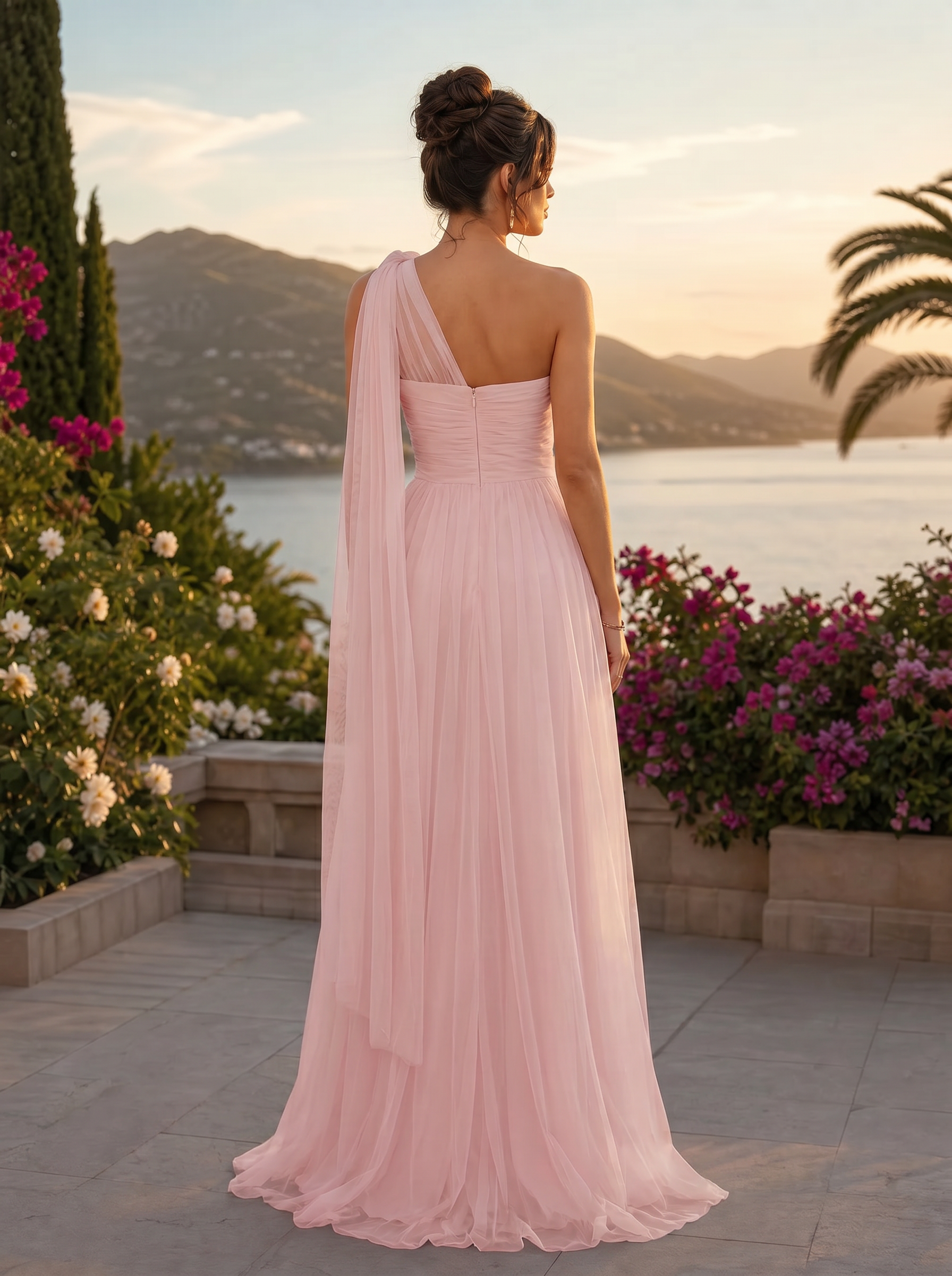 Dusty Pink One Shoulder Trailing Cape Ruched High Slit Maxi Dress